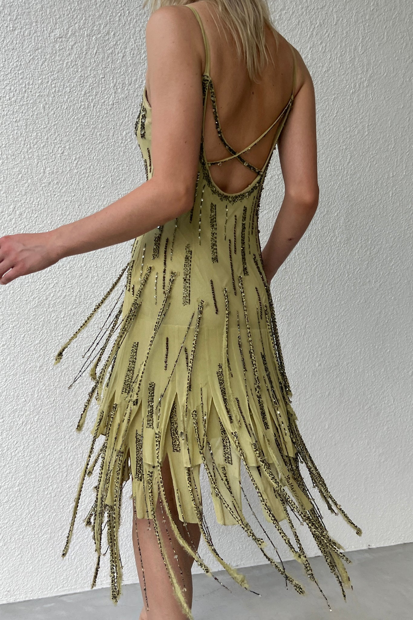 Sue Wong Green Silk Fringe Beaded Dress