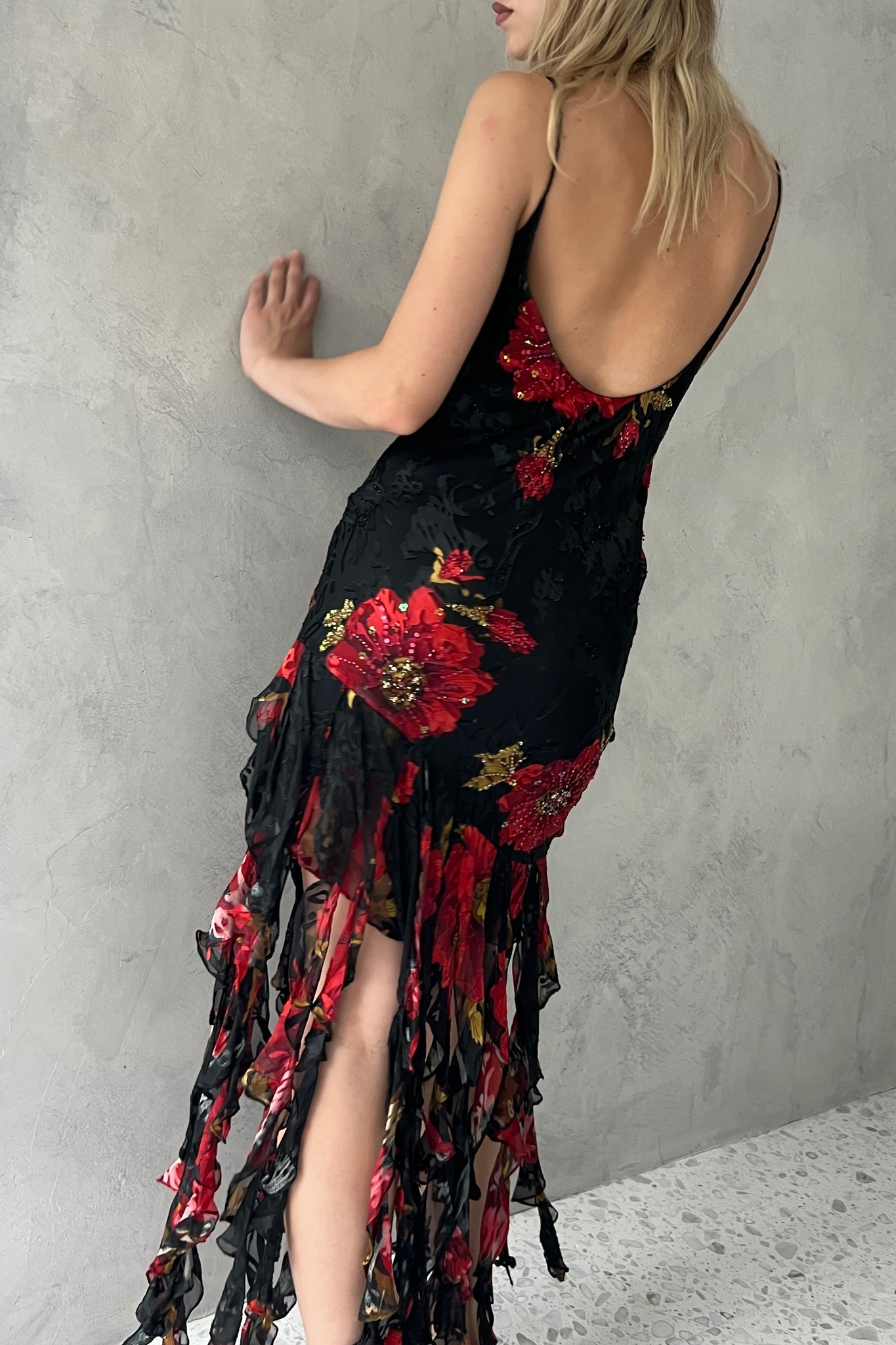 Sue Wong Black Floral Silk Devoré Fringe Beaded Dressi