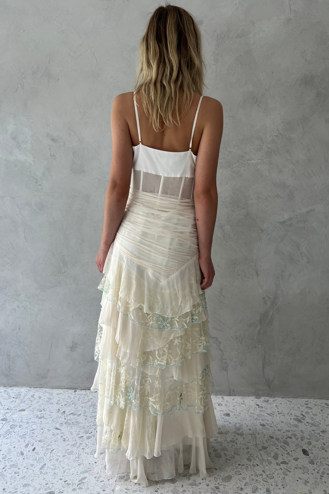 White Tiered Silk Chiffon Embellished Dress