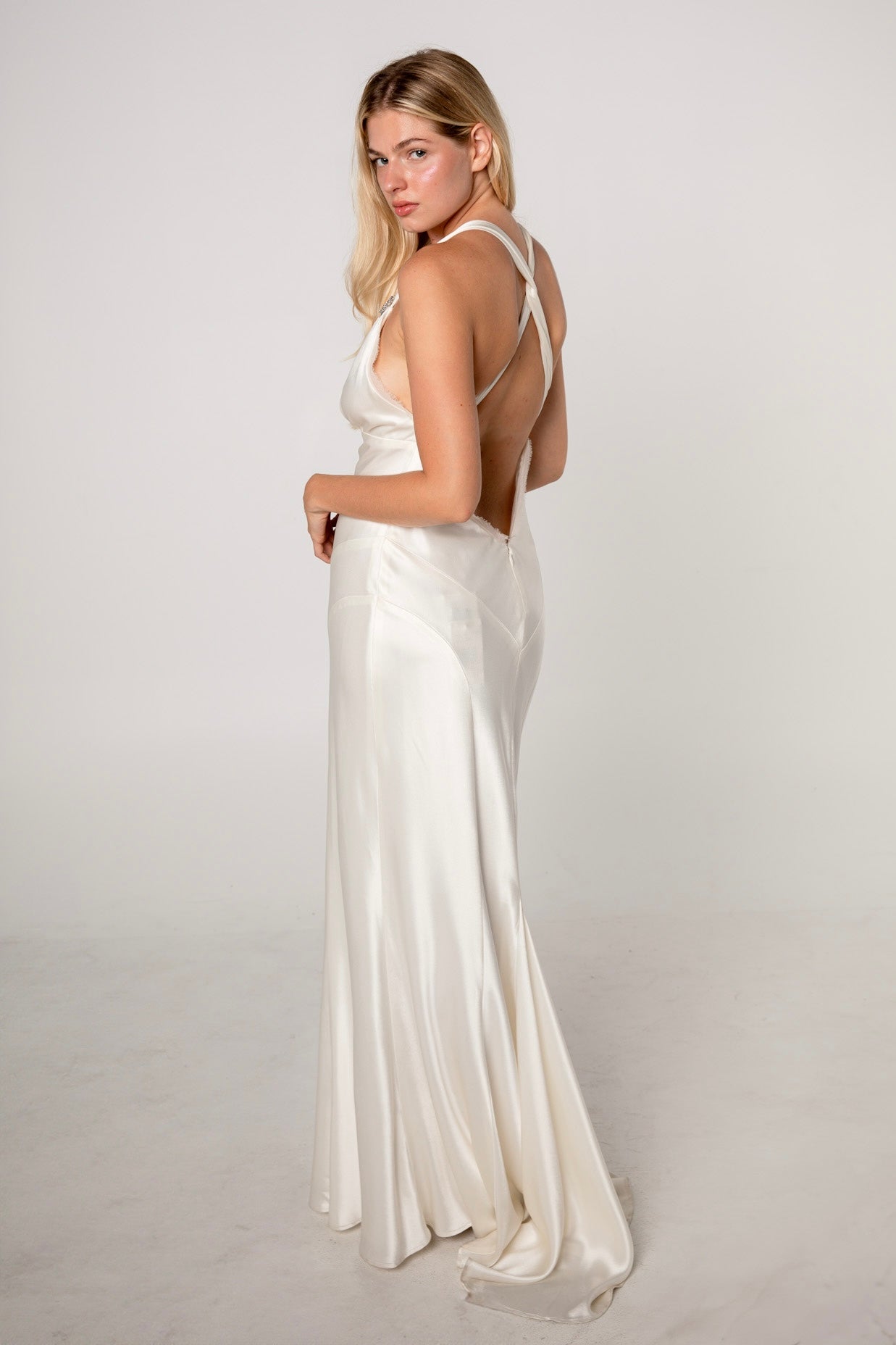 Off-White Hammered Satin Bias Cut Evening Gown