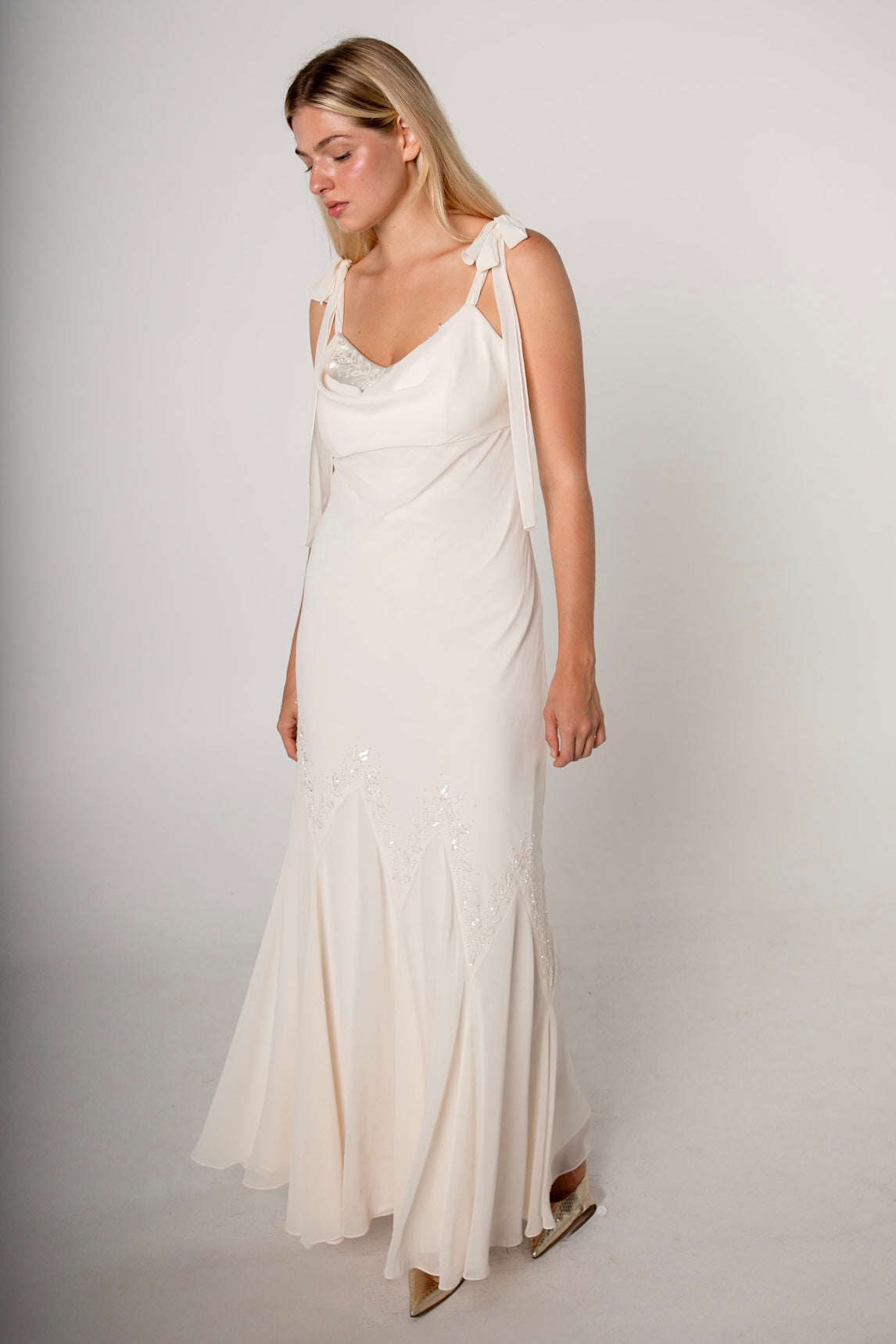 Ivory Chiffon Cowl Neck Beaded Gown