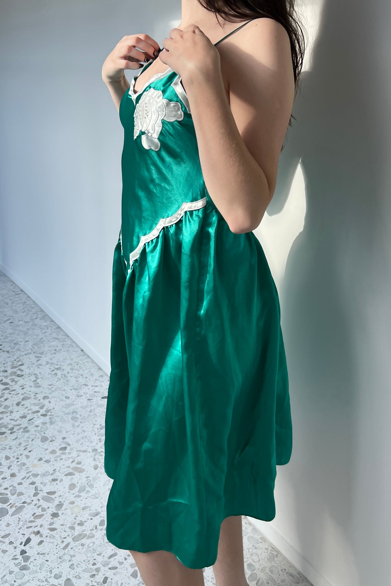 1980s Victoria’s Secret Green Satin Scallop Nightgown