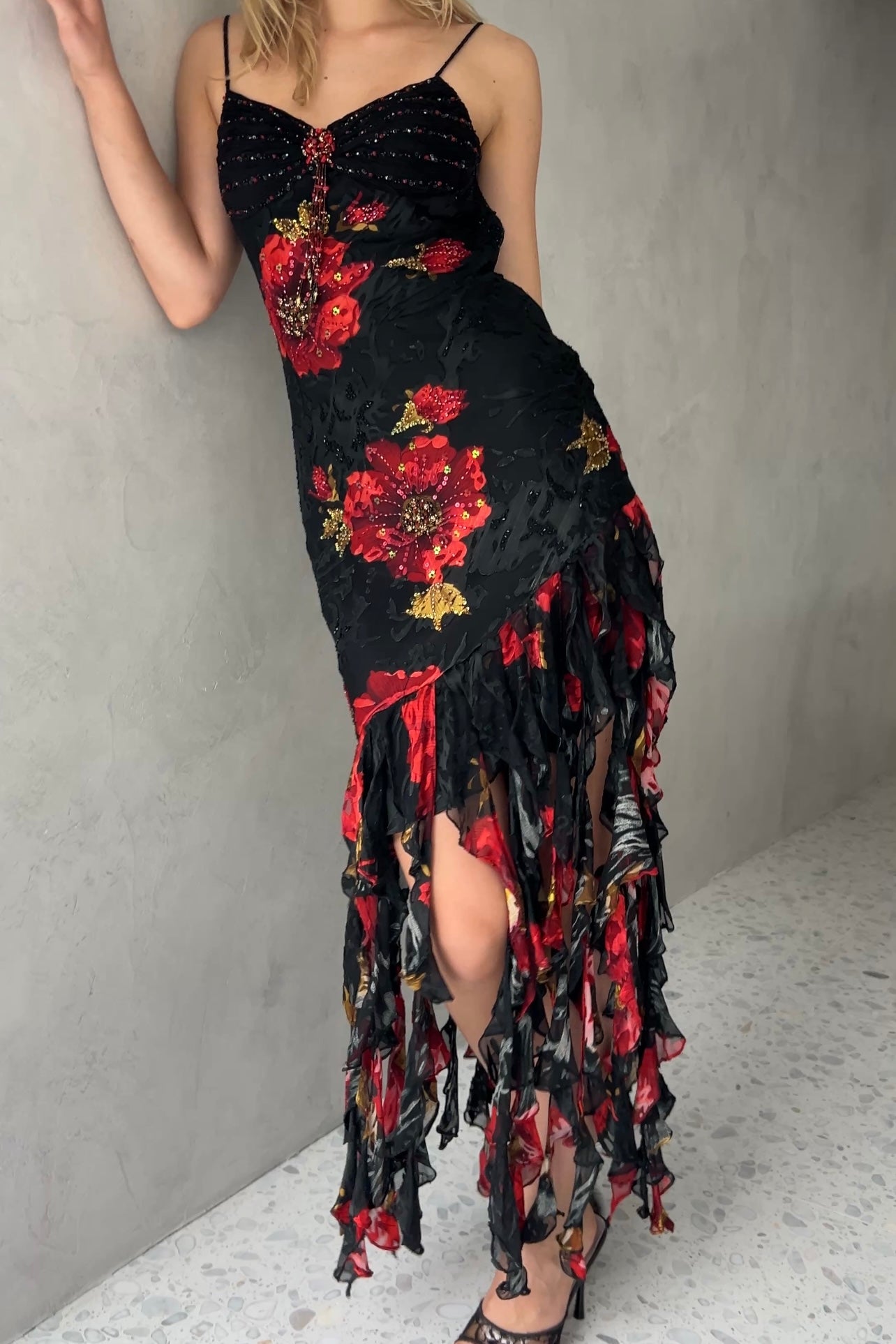 Sue Wong Black Floral Silk Devoré Fringe Beaded Dressi