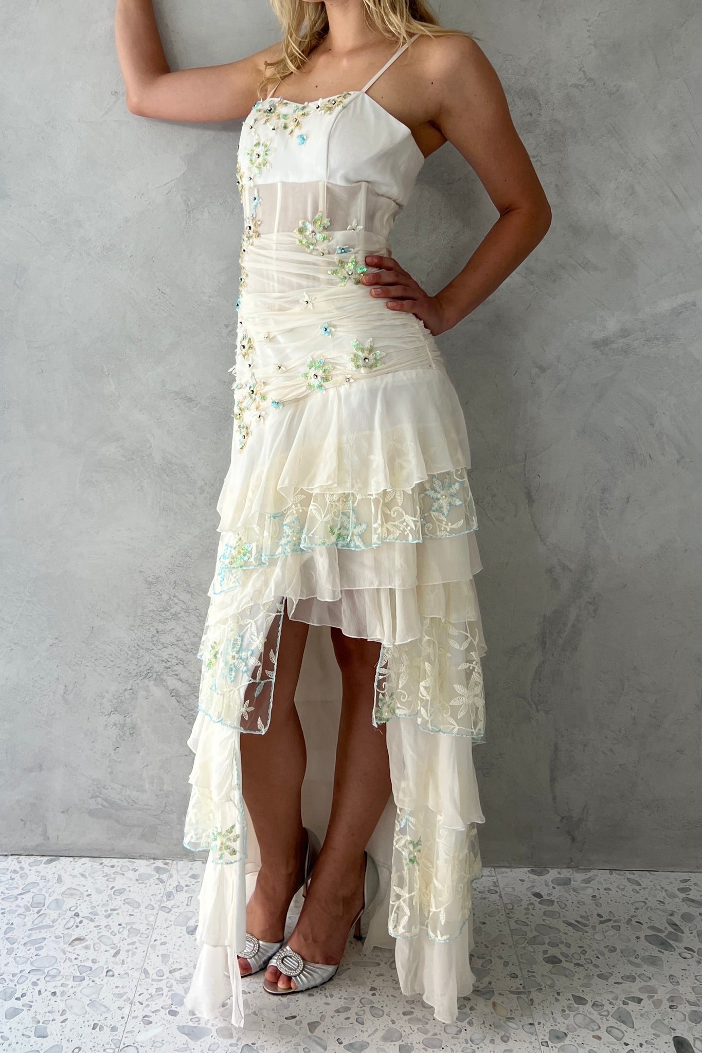 White Tiered Silk Chiffon Embellished Dress