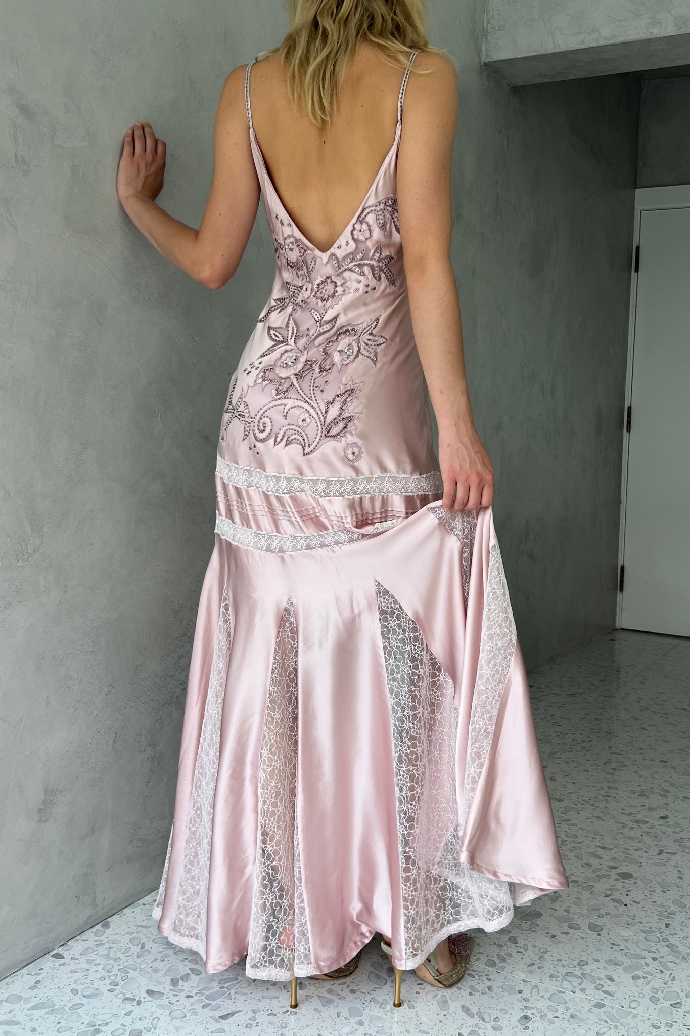 Sue Wong Pink Silk Beaded Gown
