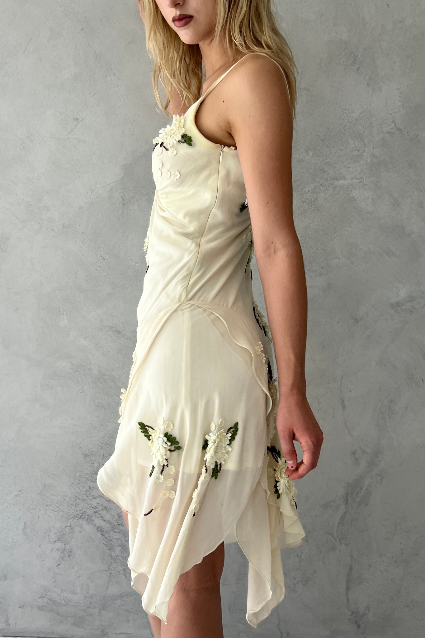 Ivory Silk Floral Handkerchief Hem Fairy Dress