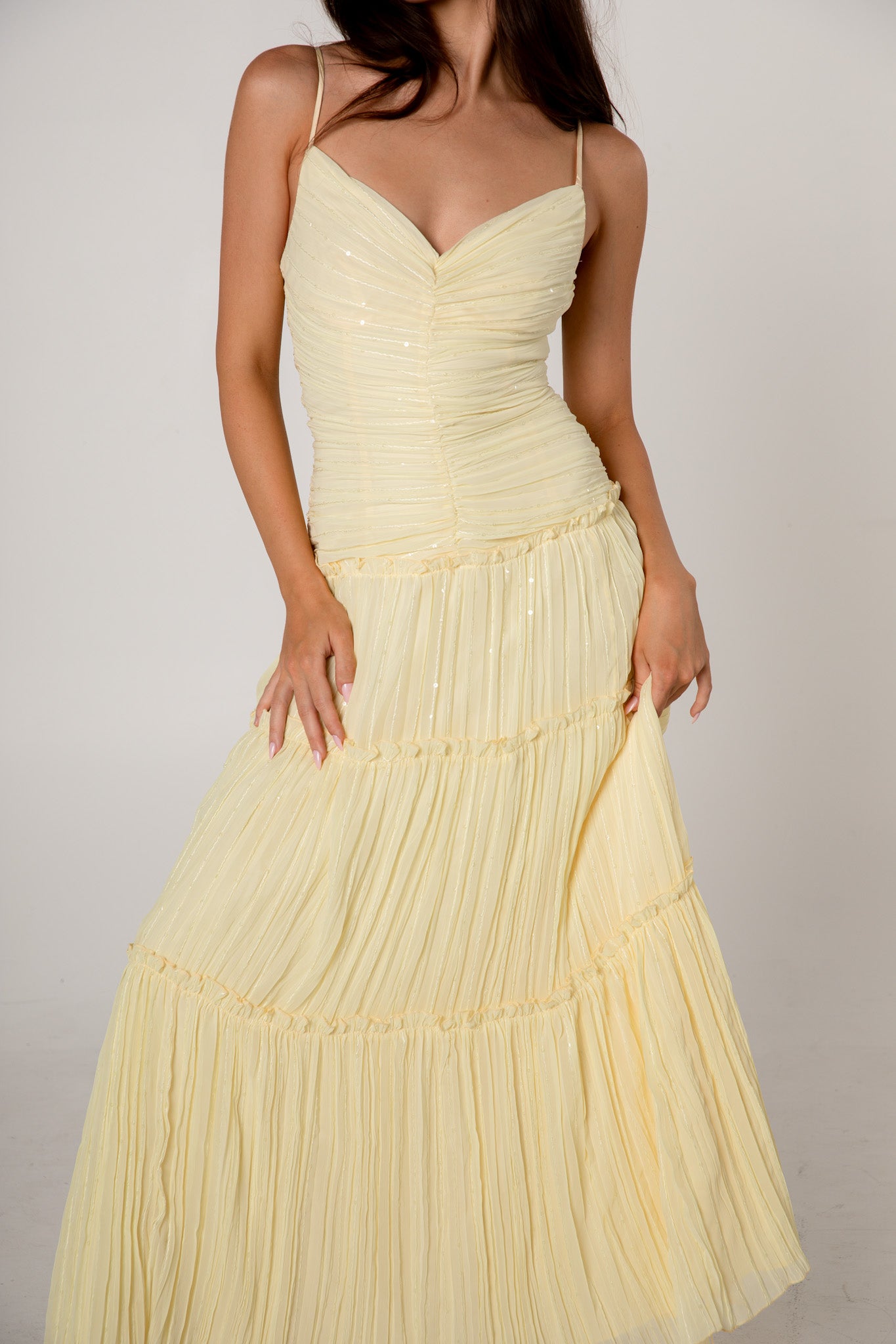 Jessica McClintock Yellow Pleated Maxi Dress