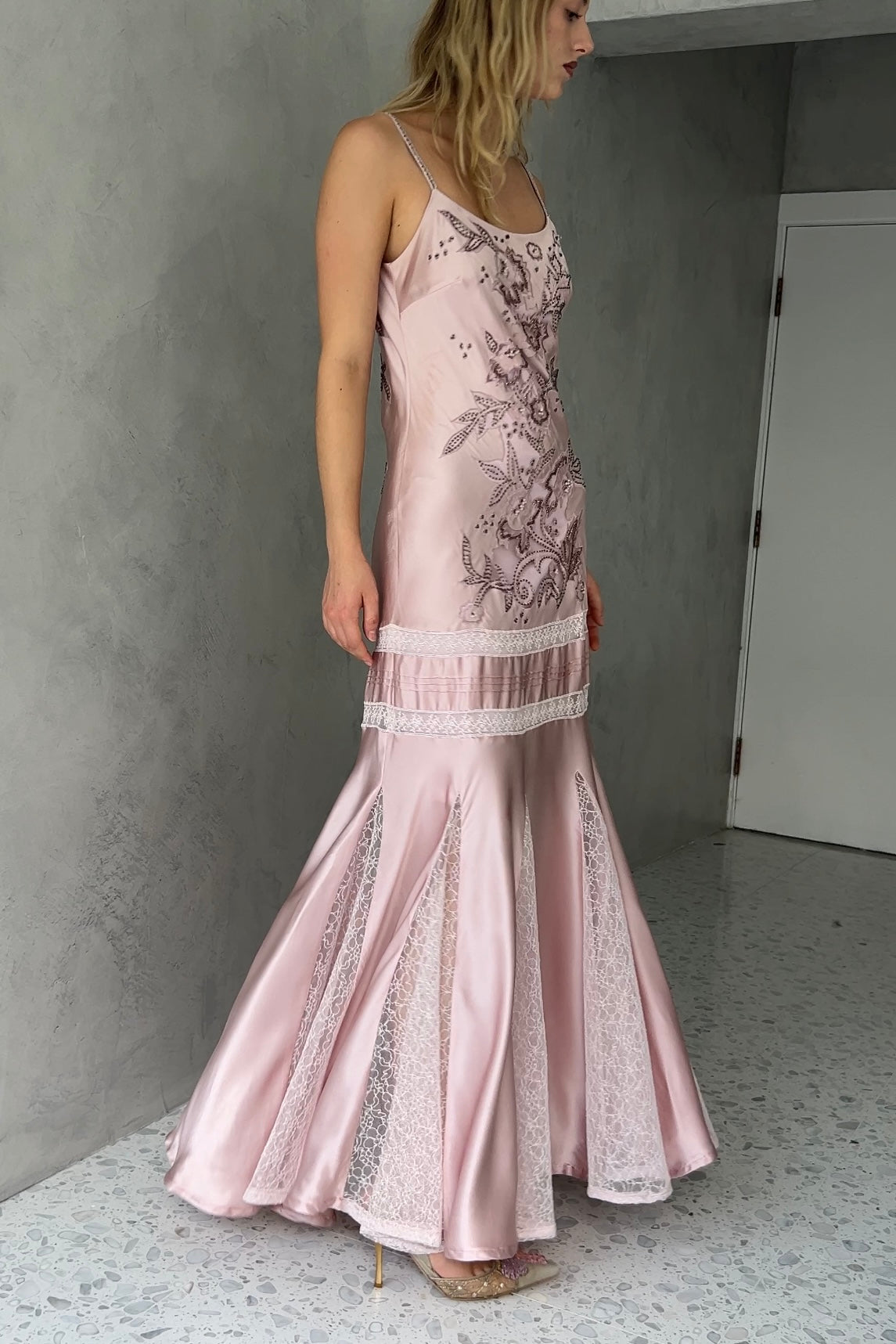 Sue Wong Pink Silk Beaded Gown
