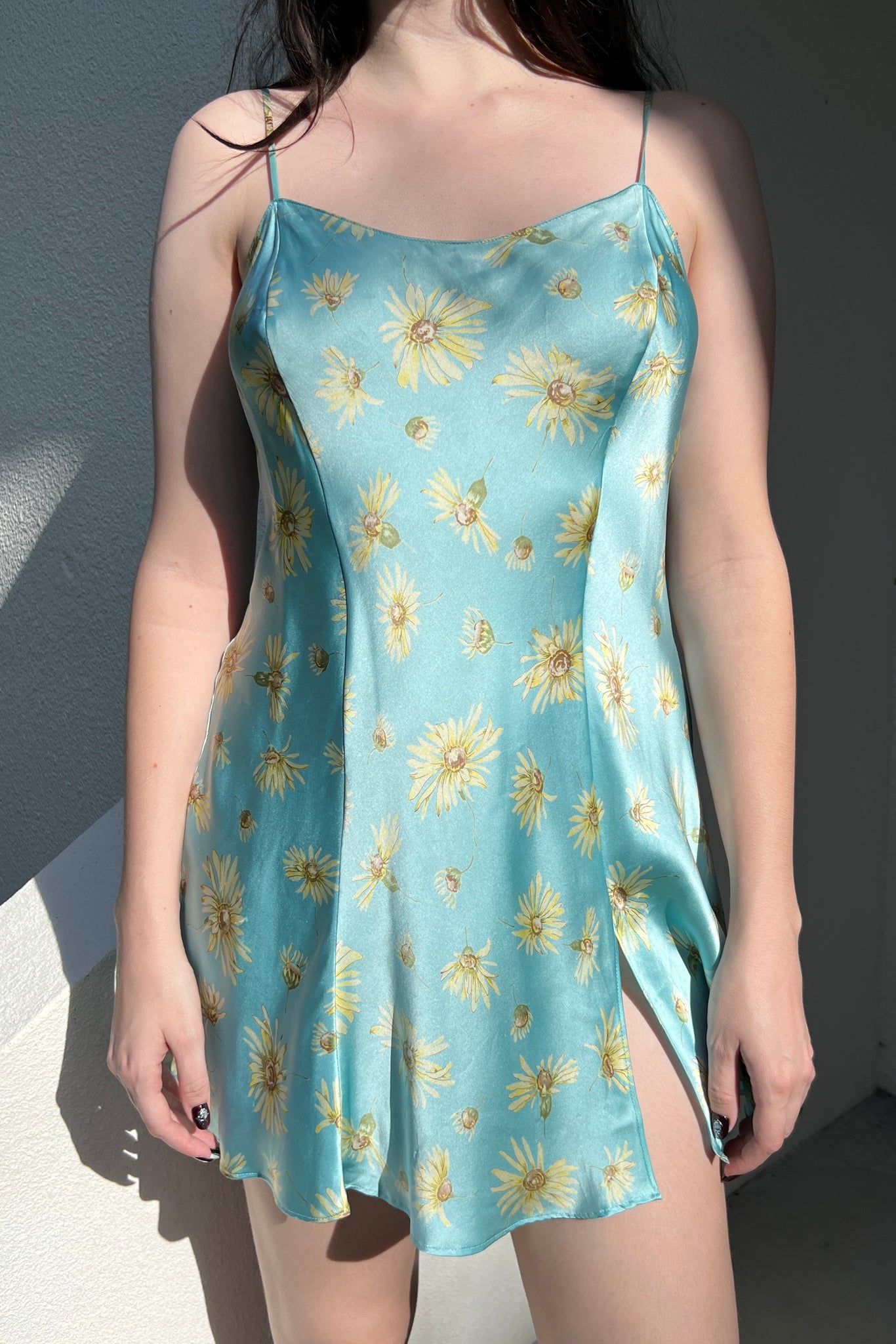 Victoria’s Secret 1999 Teal Blue Silk Daisy Slip Dress