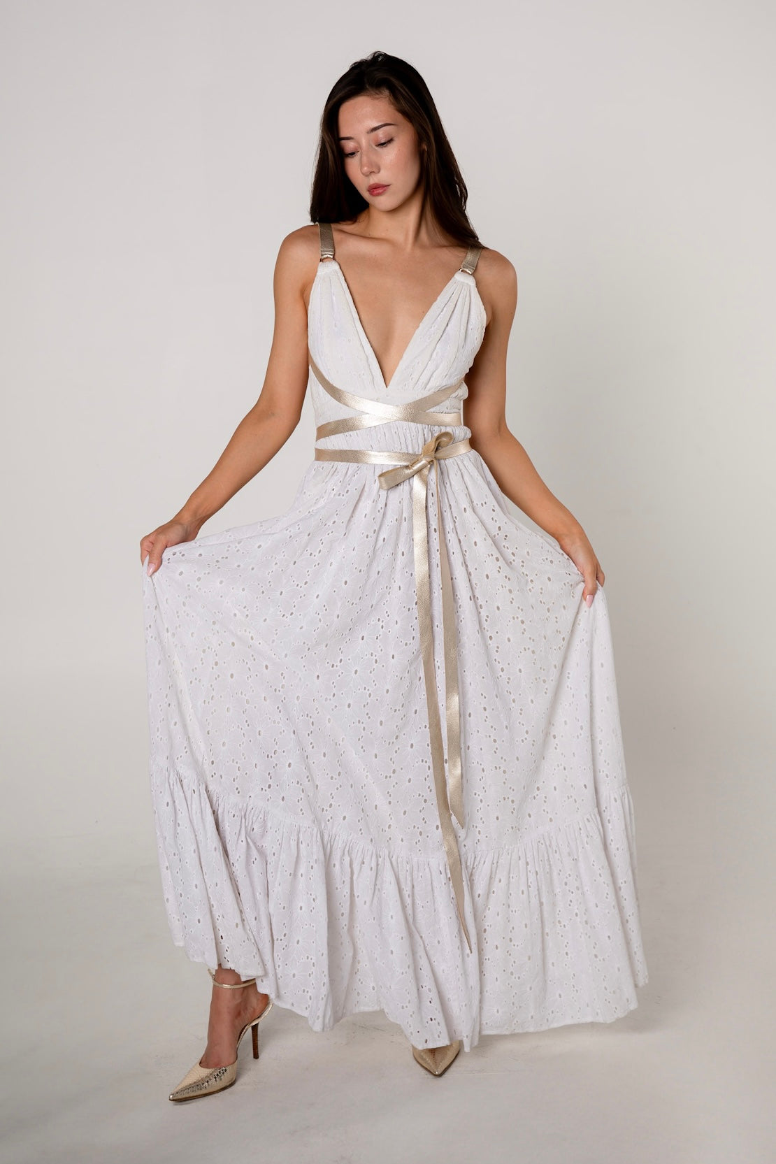 White Cotton Eyelet Halter Maxi Dress