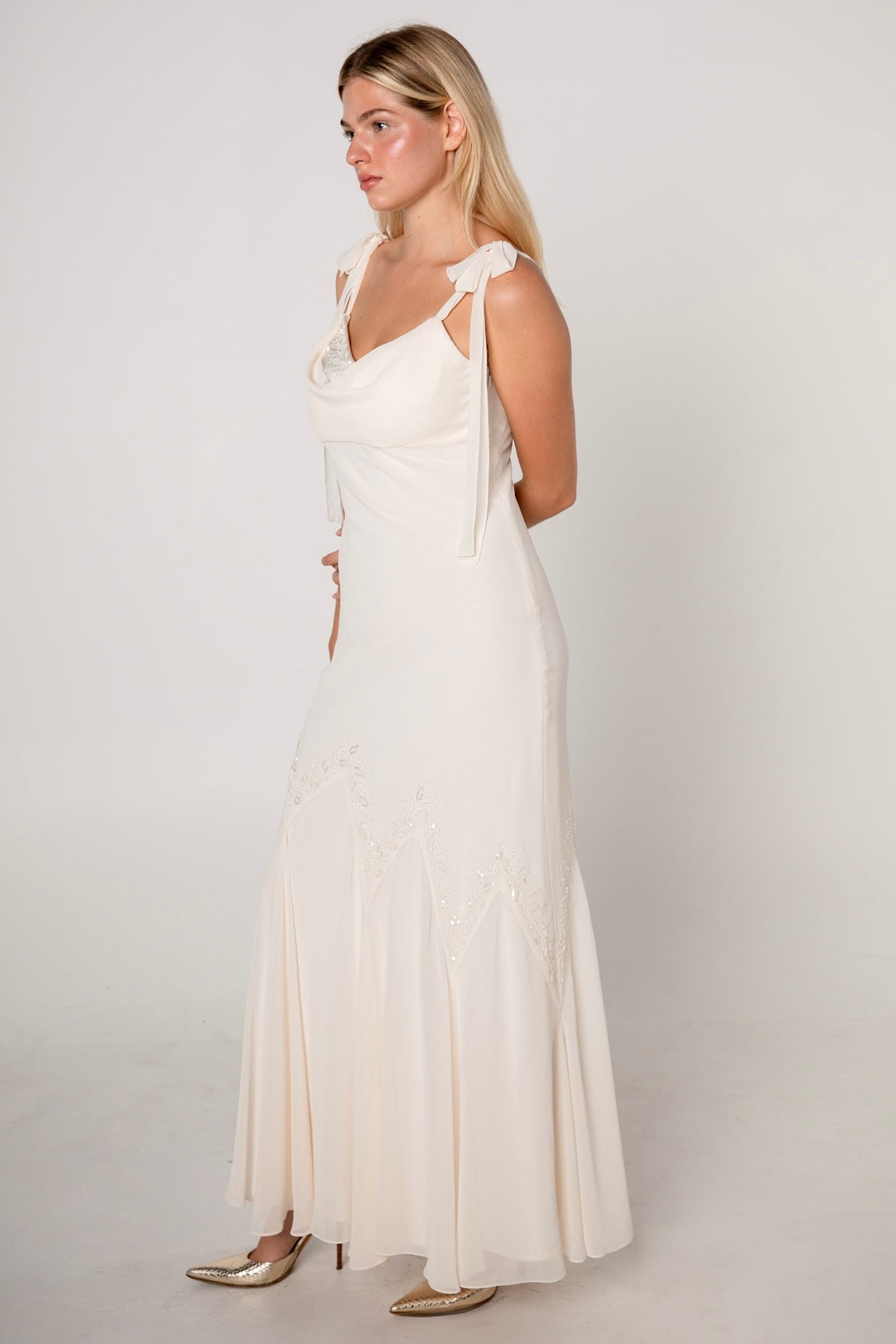 Ivory Chiffon Cowl Neck Beaded Gown