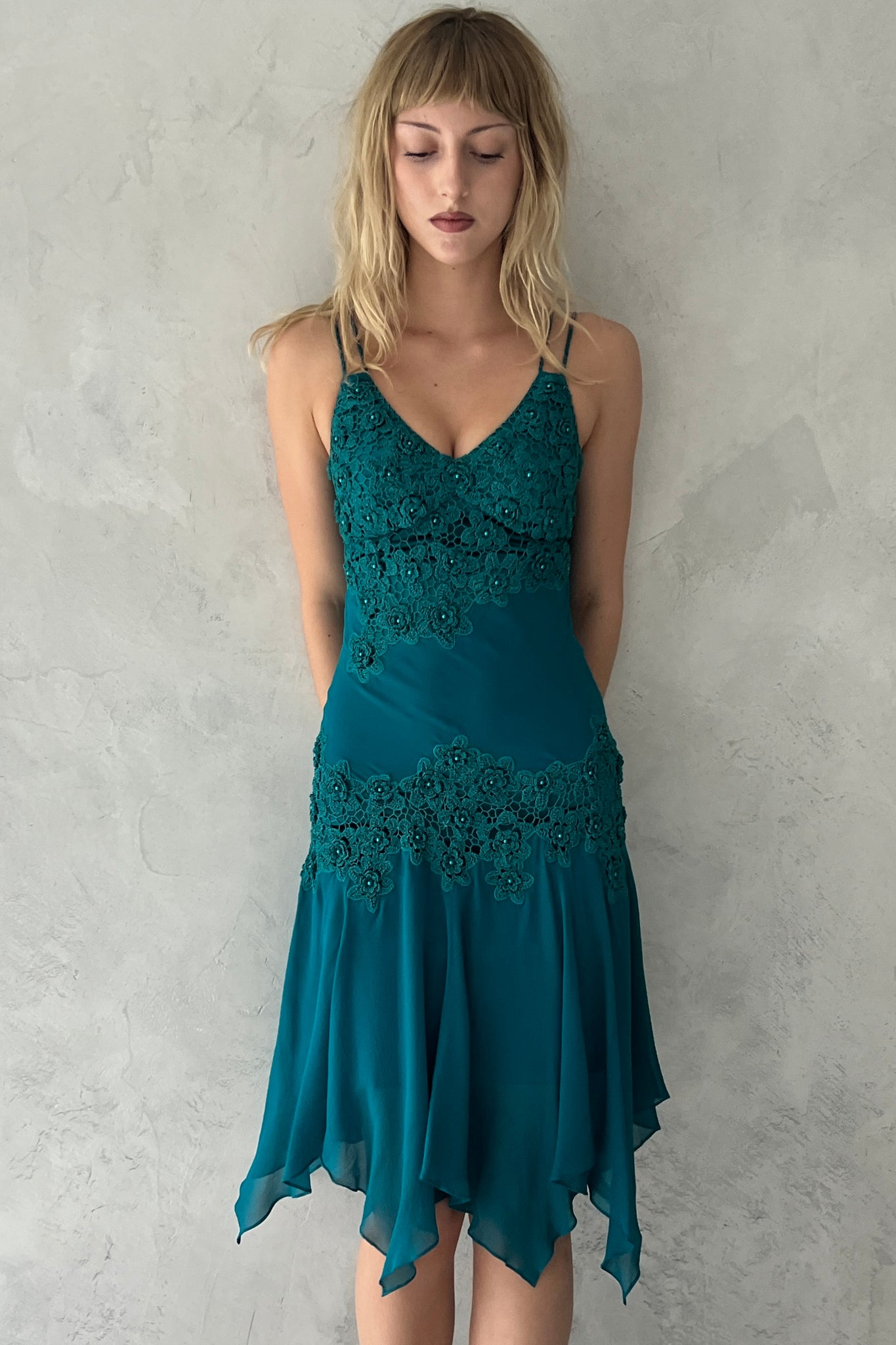 Sue Wong Teal Blue Silk Rosette Dress