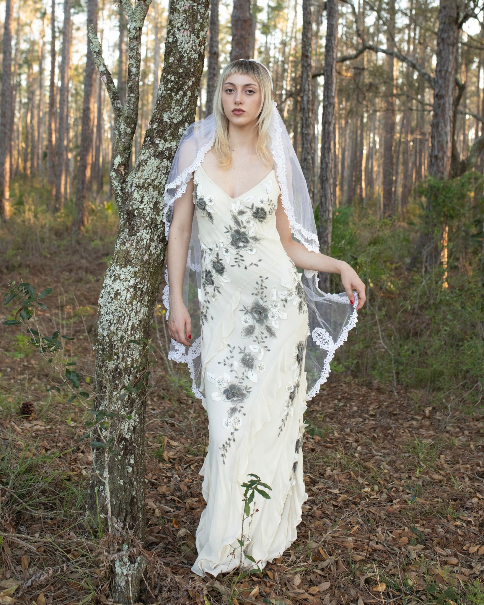 Sue Wong Ivory Silk Floral Embellished Ruffle Gown