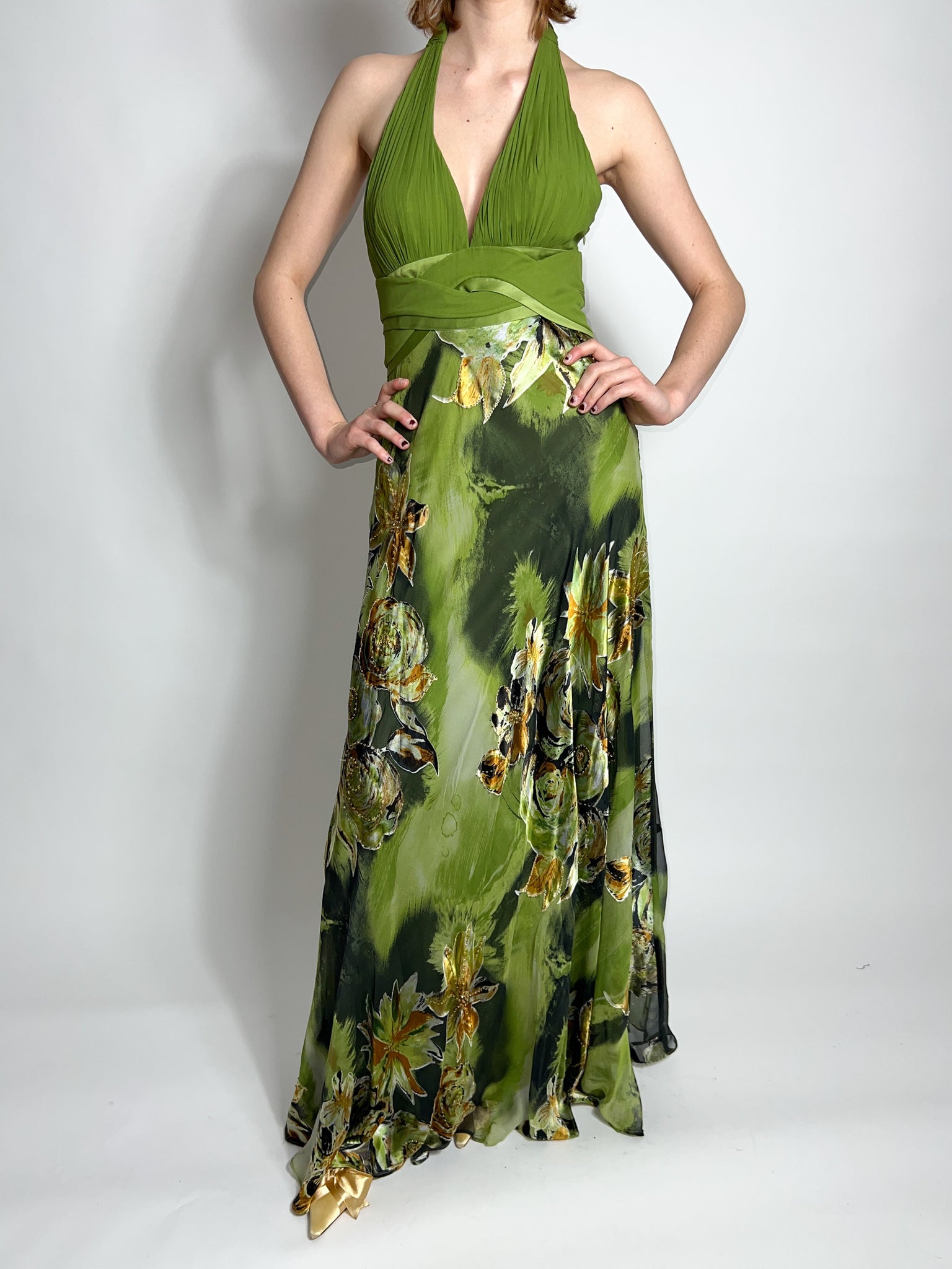 Green Silk Floral Halter Gown