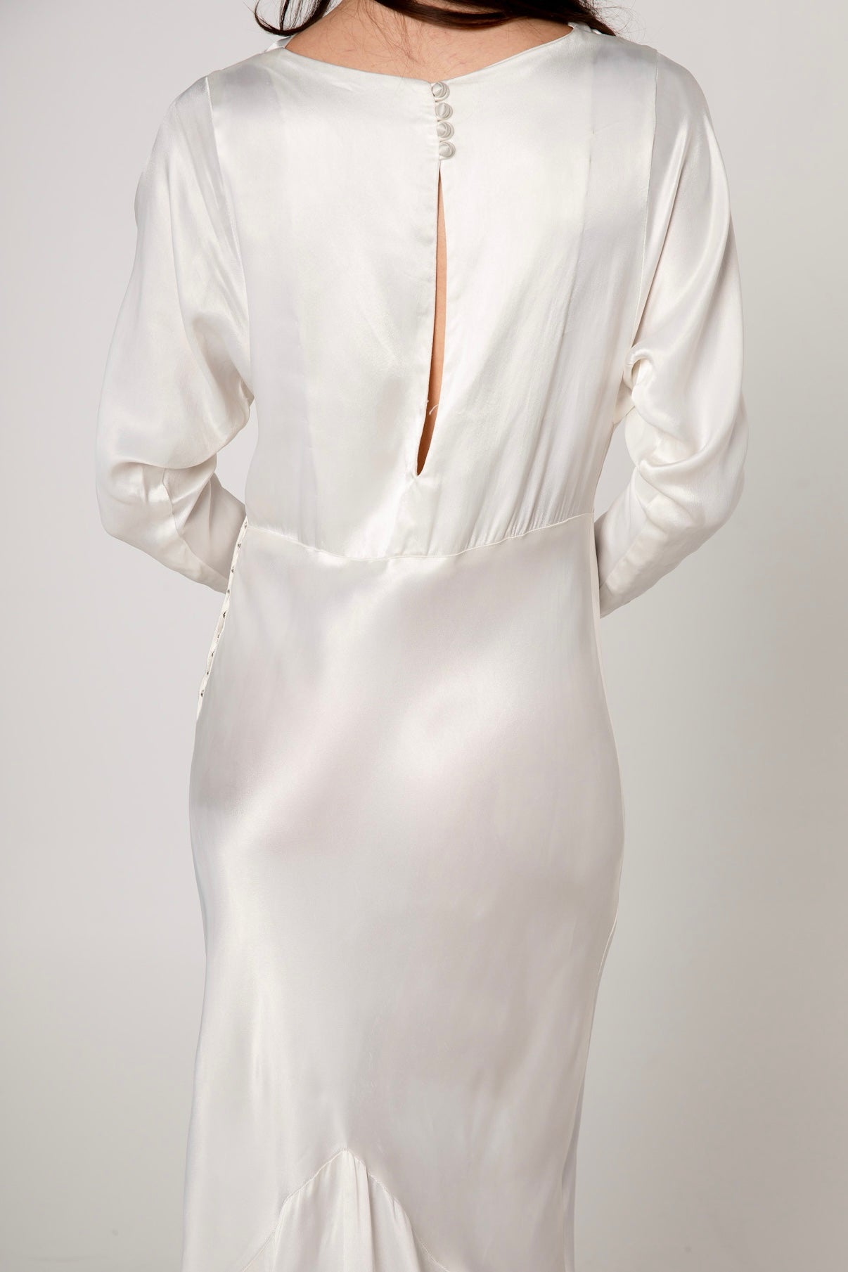 1930s White Satin Long Sleeve Wedding Gown