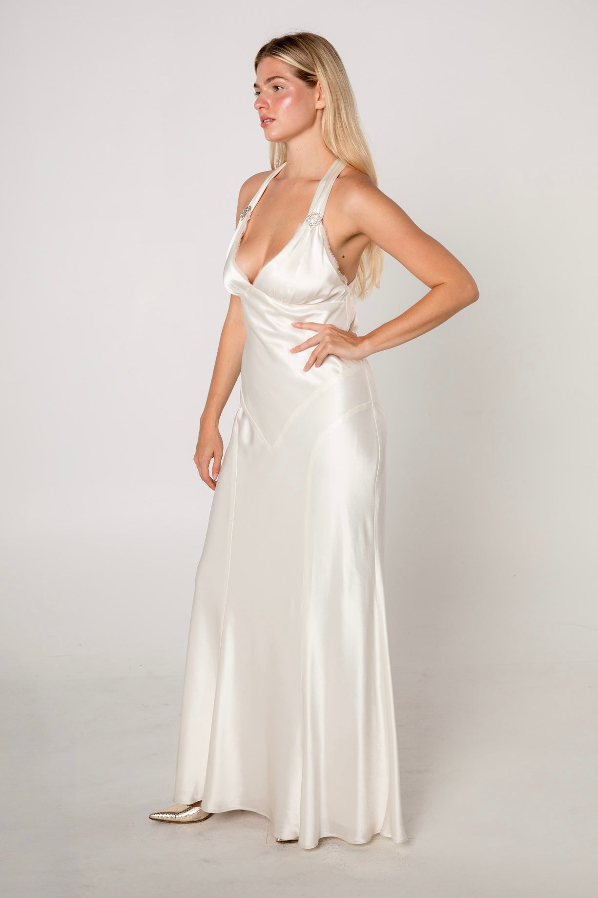 Off-White Hammered Satin Bias Cut Evening Gown