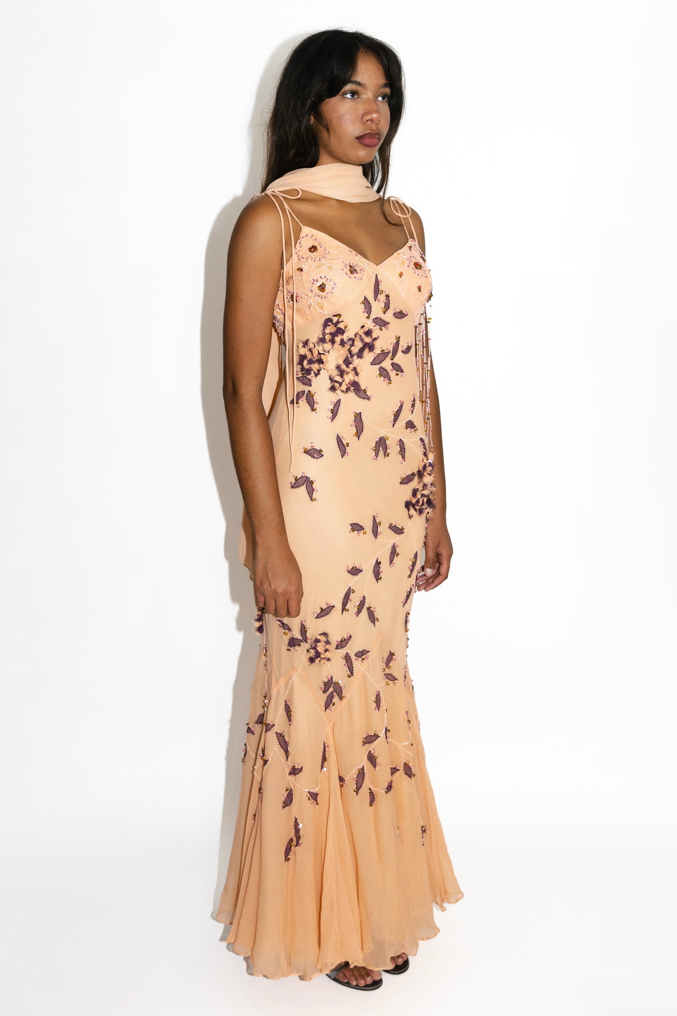 Light Peach Beaded Silk Petal Gown