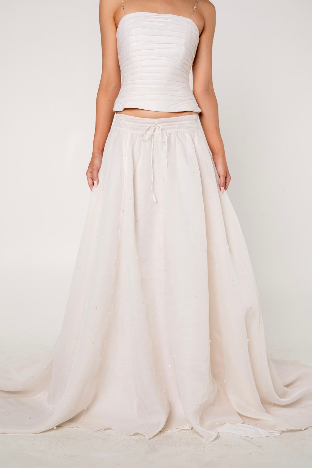 White Silk Embellished Drawstring Ballgown Skirt