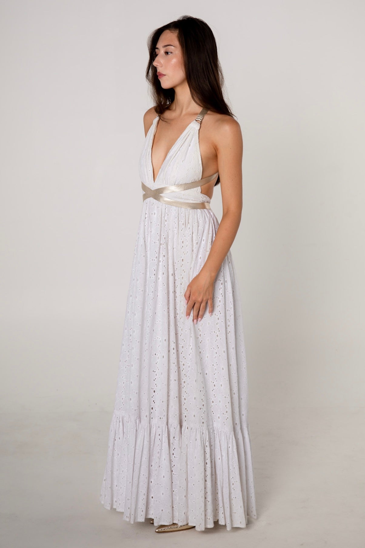 White Cotton Eyelet Halter Maxi Dress