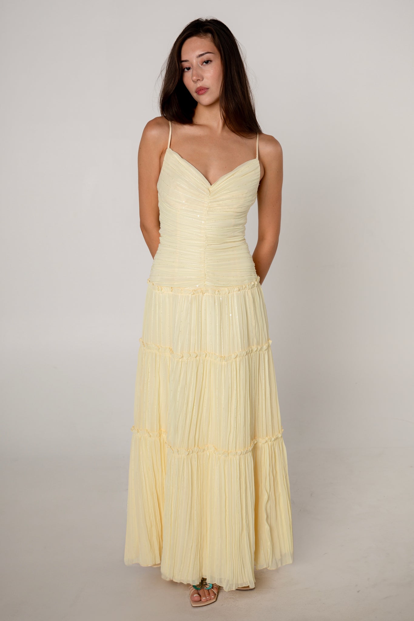 Jessica McClintock Yellow Pleated Maxi Dress