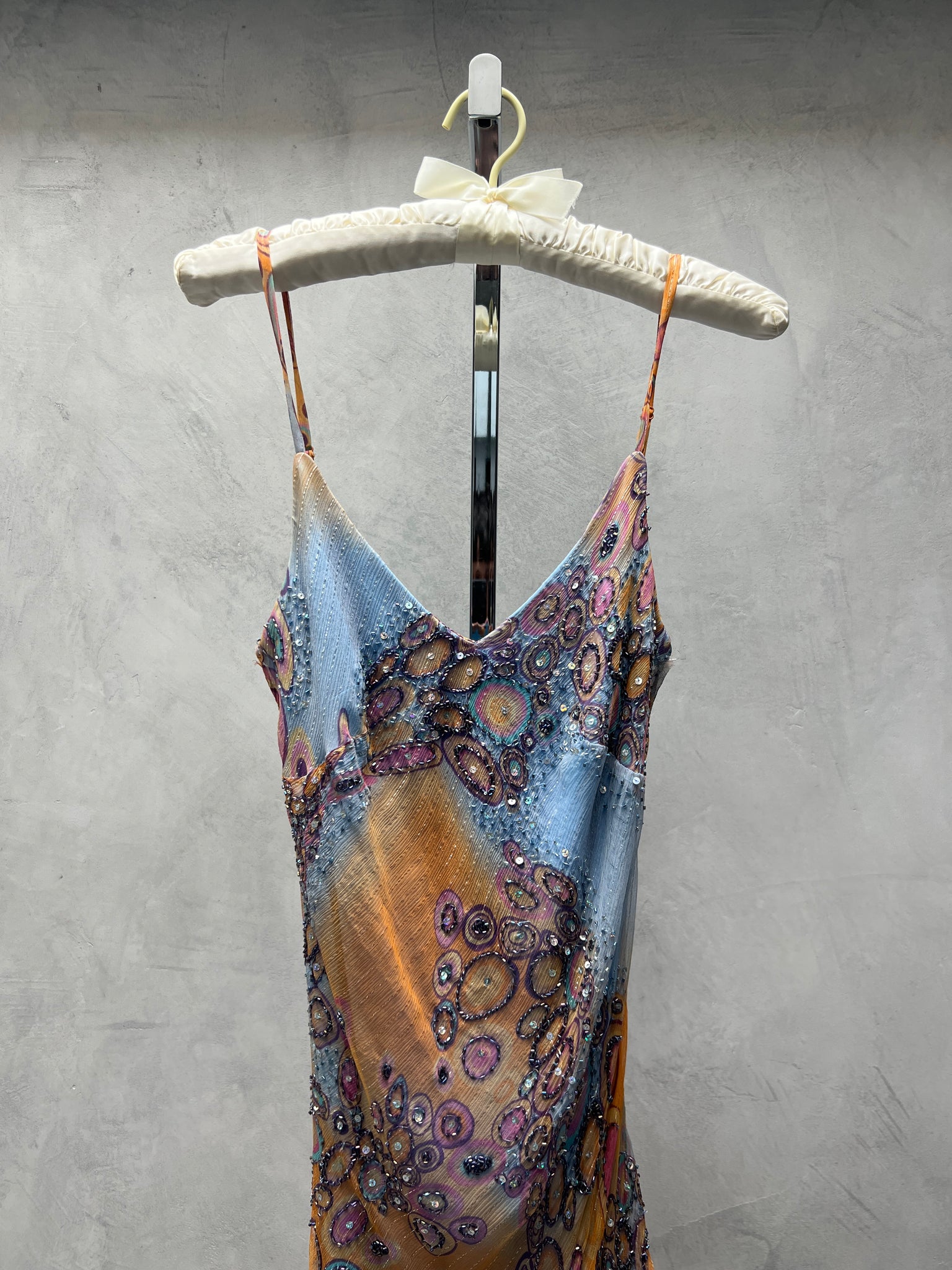 Sue Wong Orange Blue Ombré Printed Beaded Dress