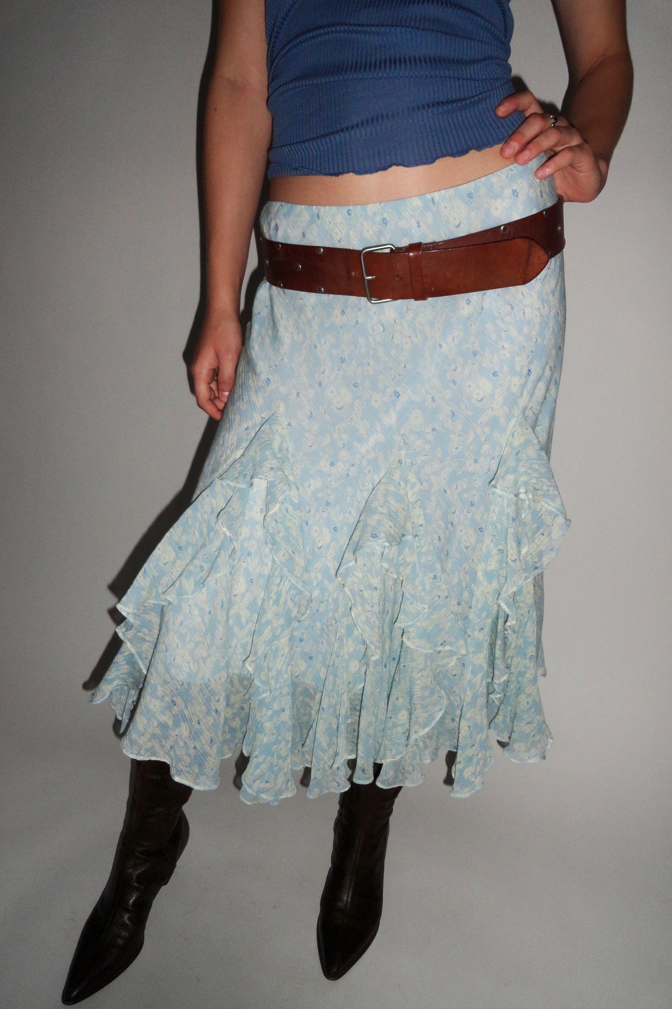 Blue Floral Cotton Ruffled Skirt