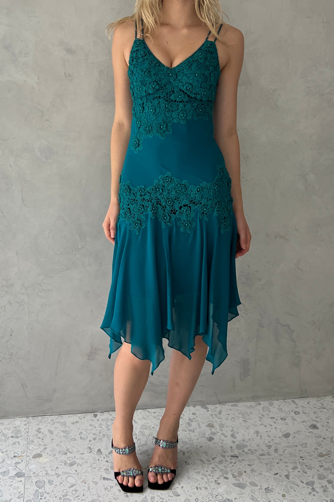 Sue Wong Teal Blue Silk Rosette Dress