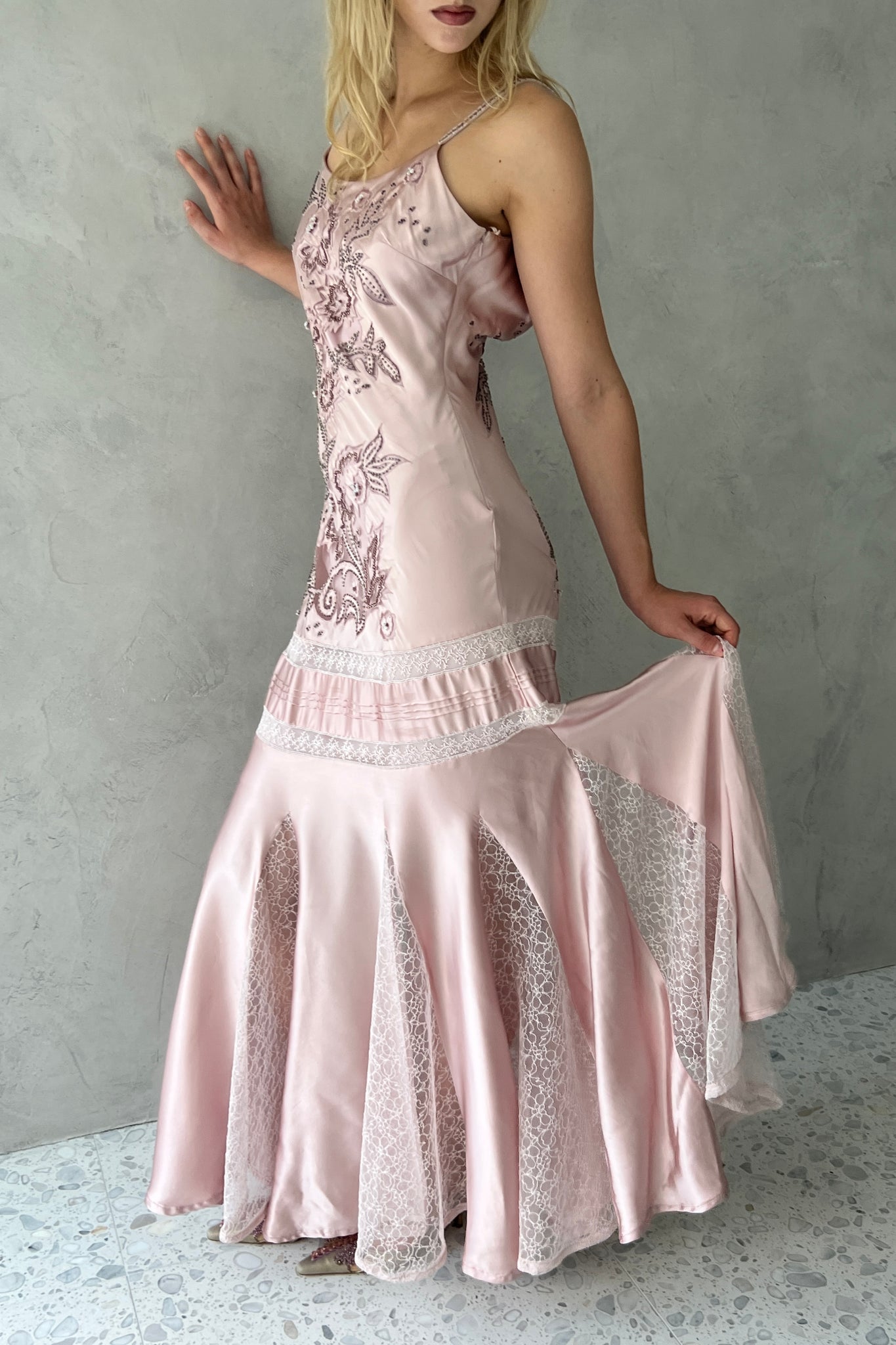 Sue Wong Pink Silk Beaded Gown
