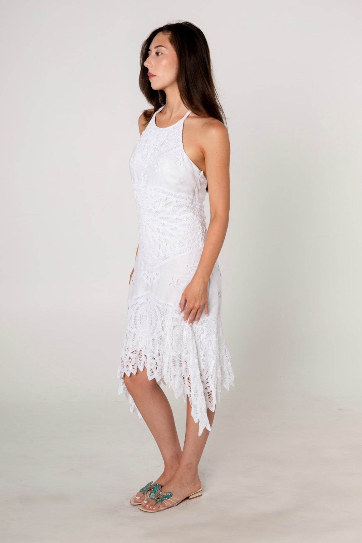 Sue Wong White Crochet Linen Halter Dress