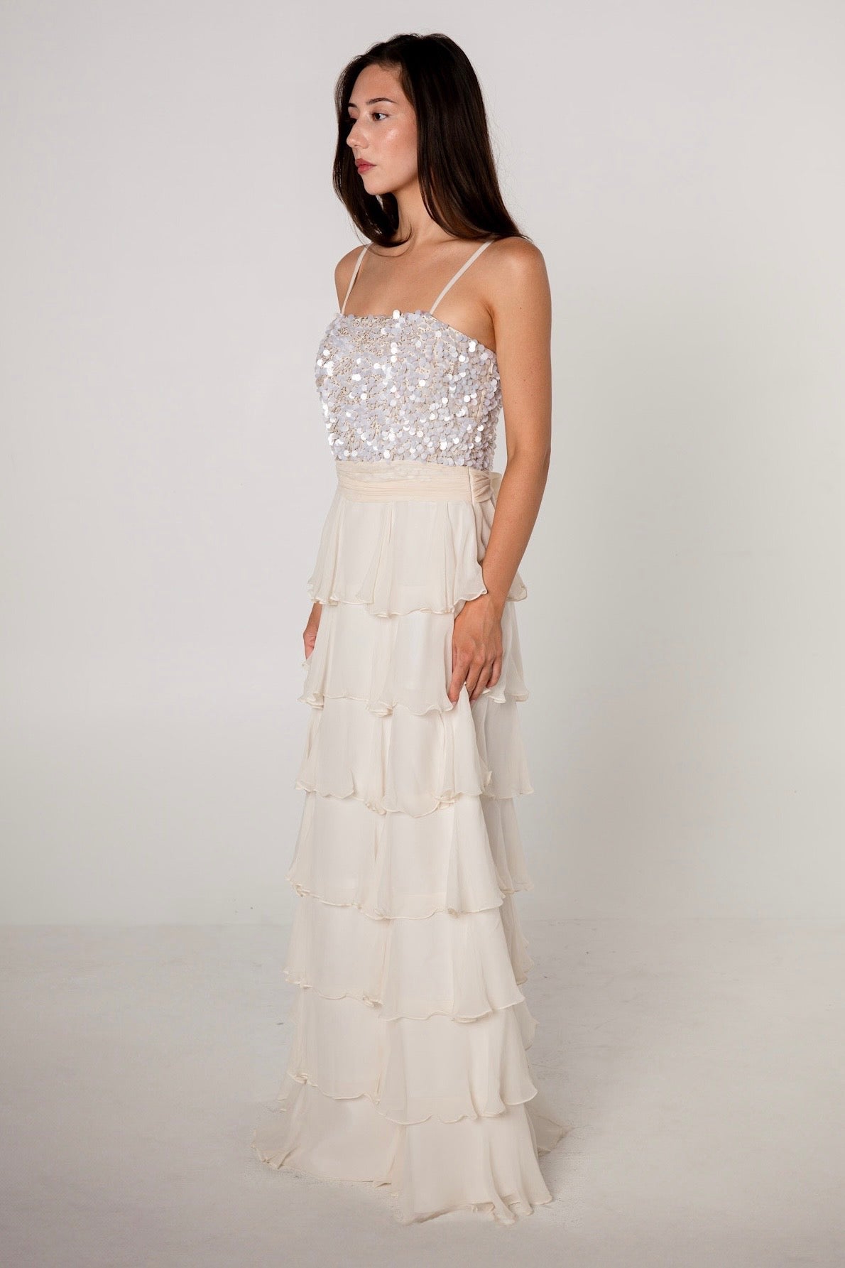 Ivory Silk Tiered Sequin Gown