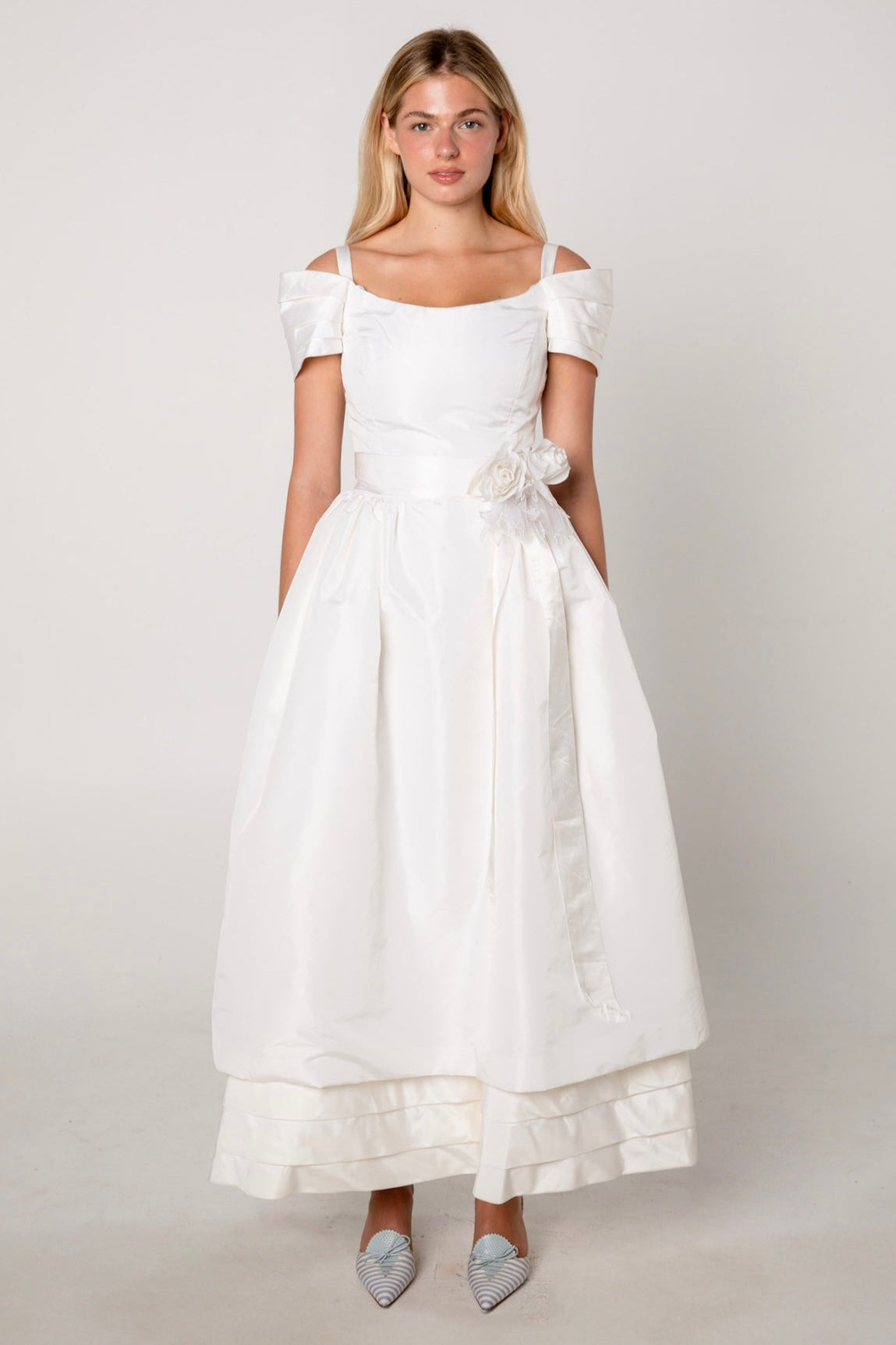 Victor Costa White Taffeta Rosette Dress
