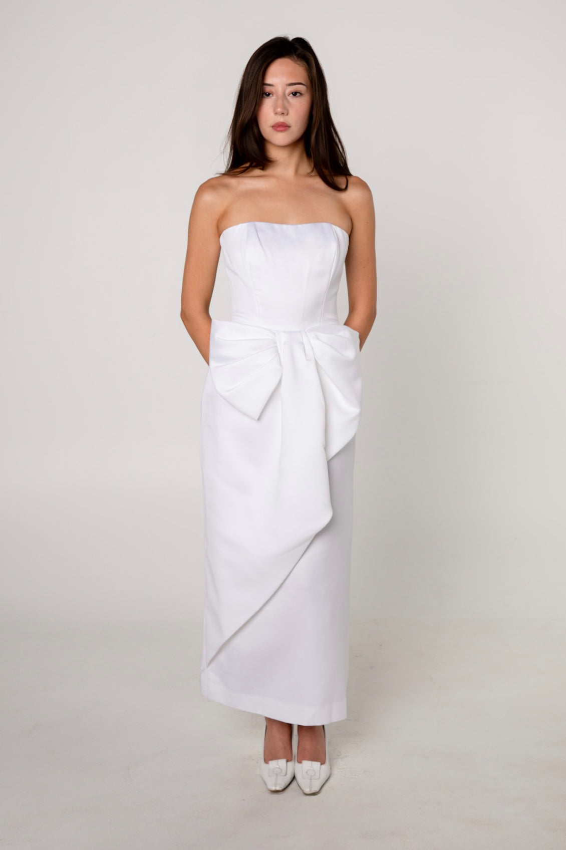 Victor Costa White Draped Bow Dress