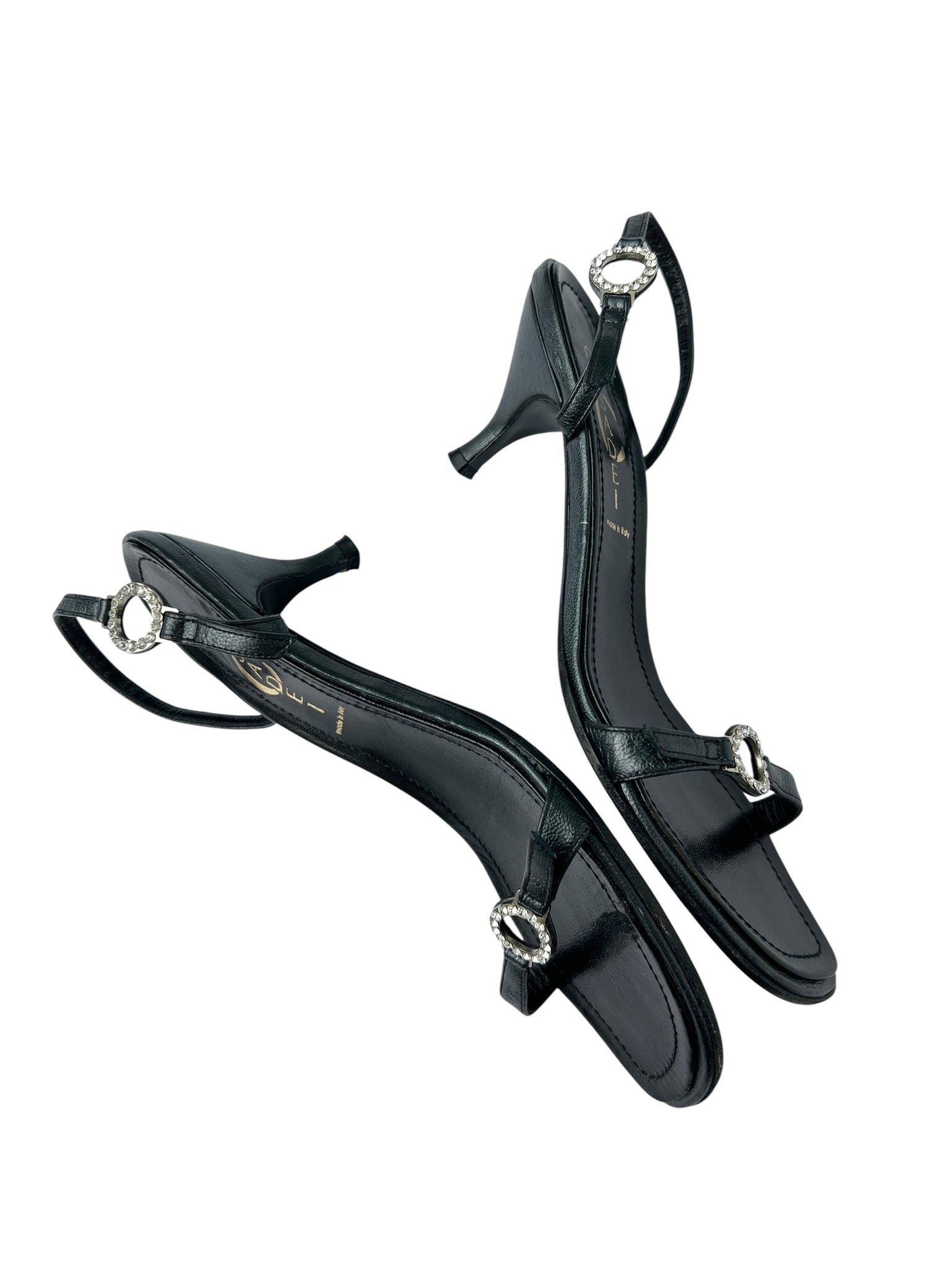 Casadei Black Leather Rhinestone Heeled Slingback Sandals - 7