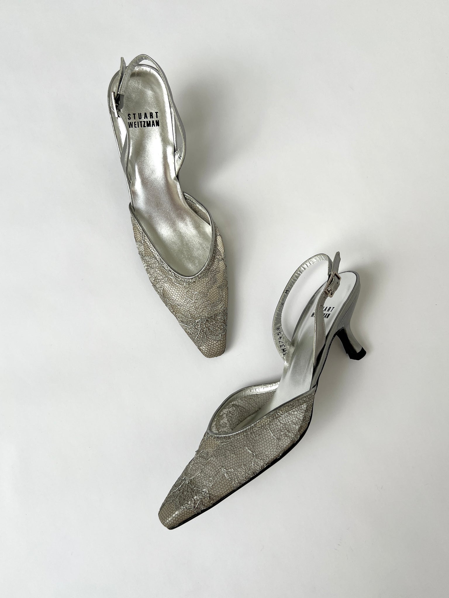 Stuart Weitzman Silver Lace Slingback Heels - 6