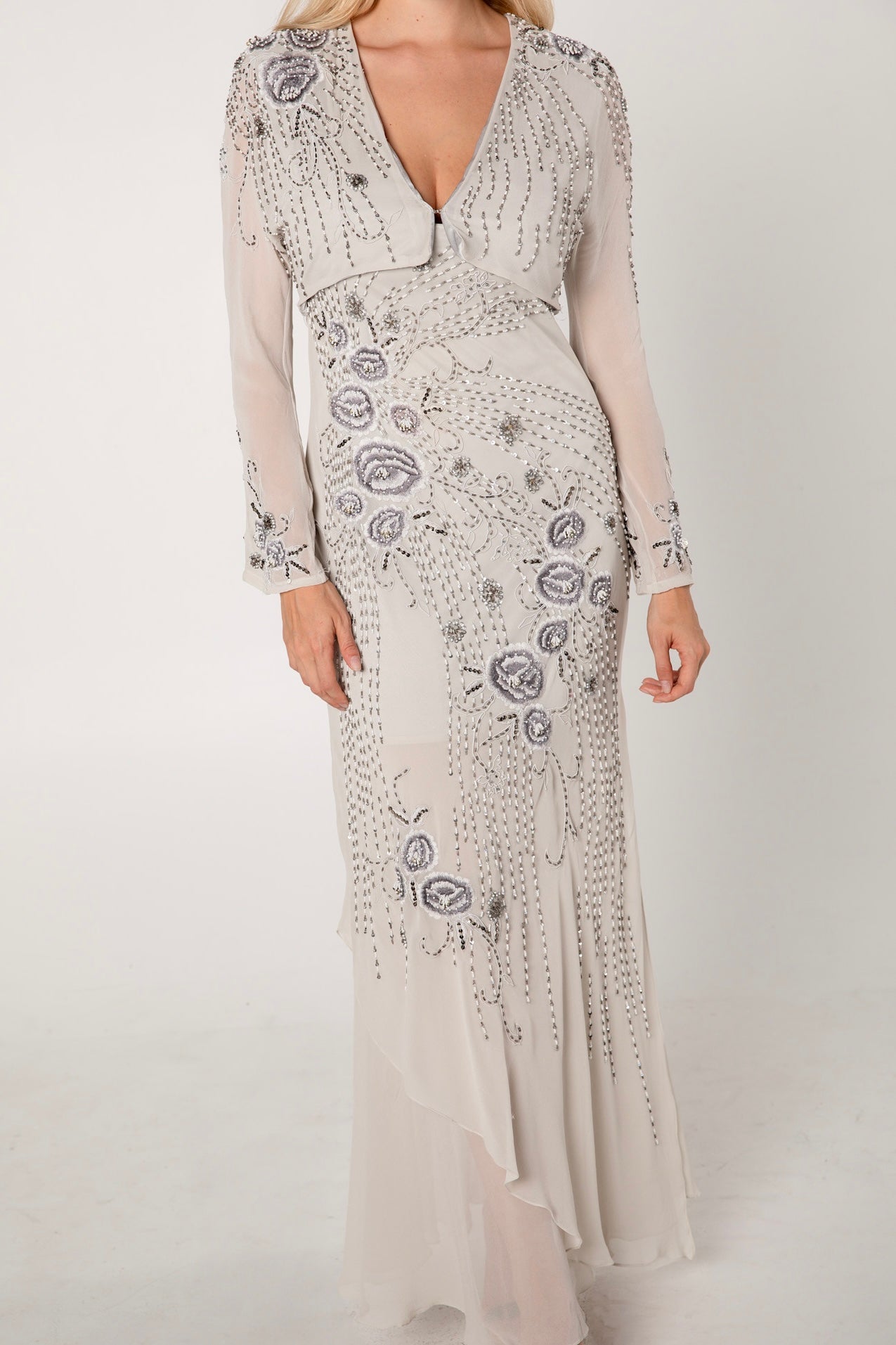 Sue Wong Grey Silk Beaded Dress