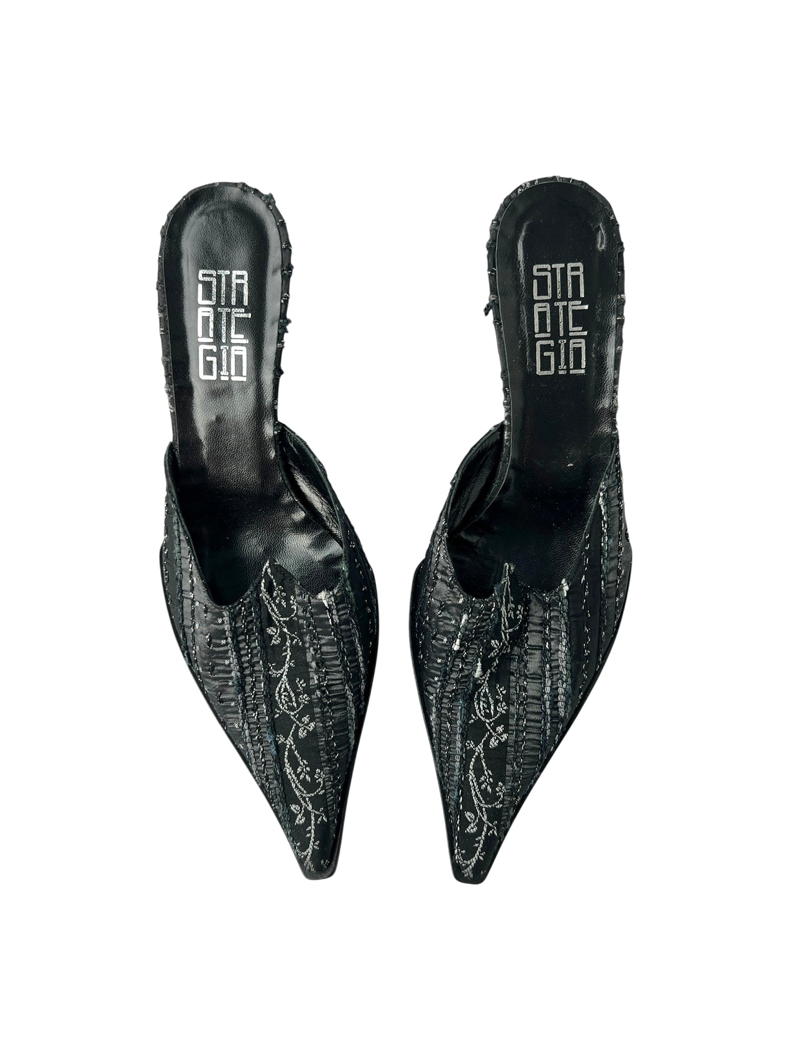 Black Brocade Pointed Toe Kitten Heel Mules - 36