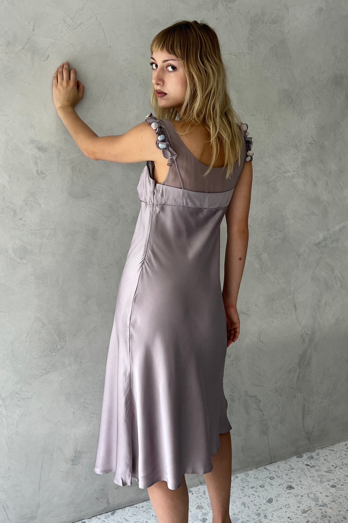 Moschino Lavender Silk Rosette Dress