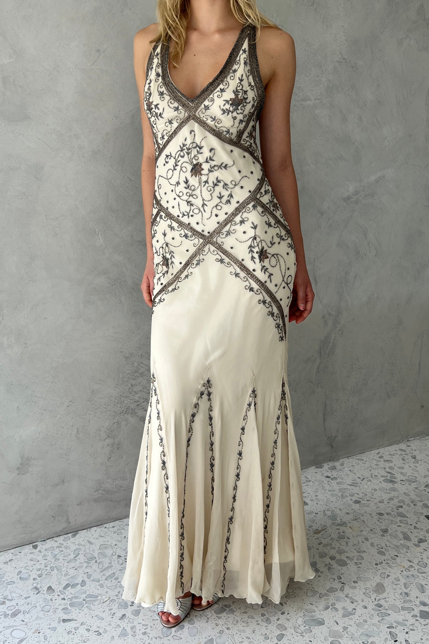 Cache Ivory Silk Chiffon Beaded Halter Gown