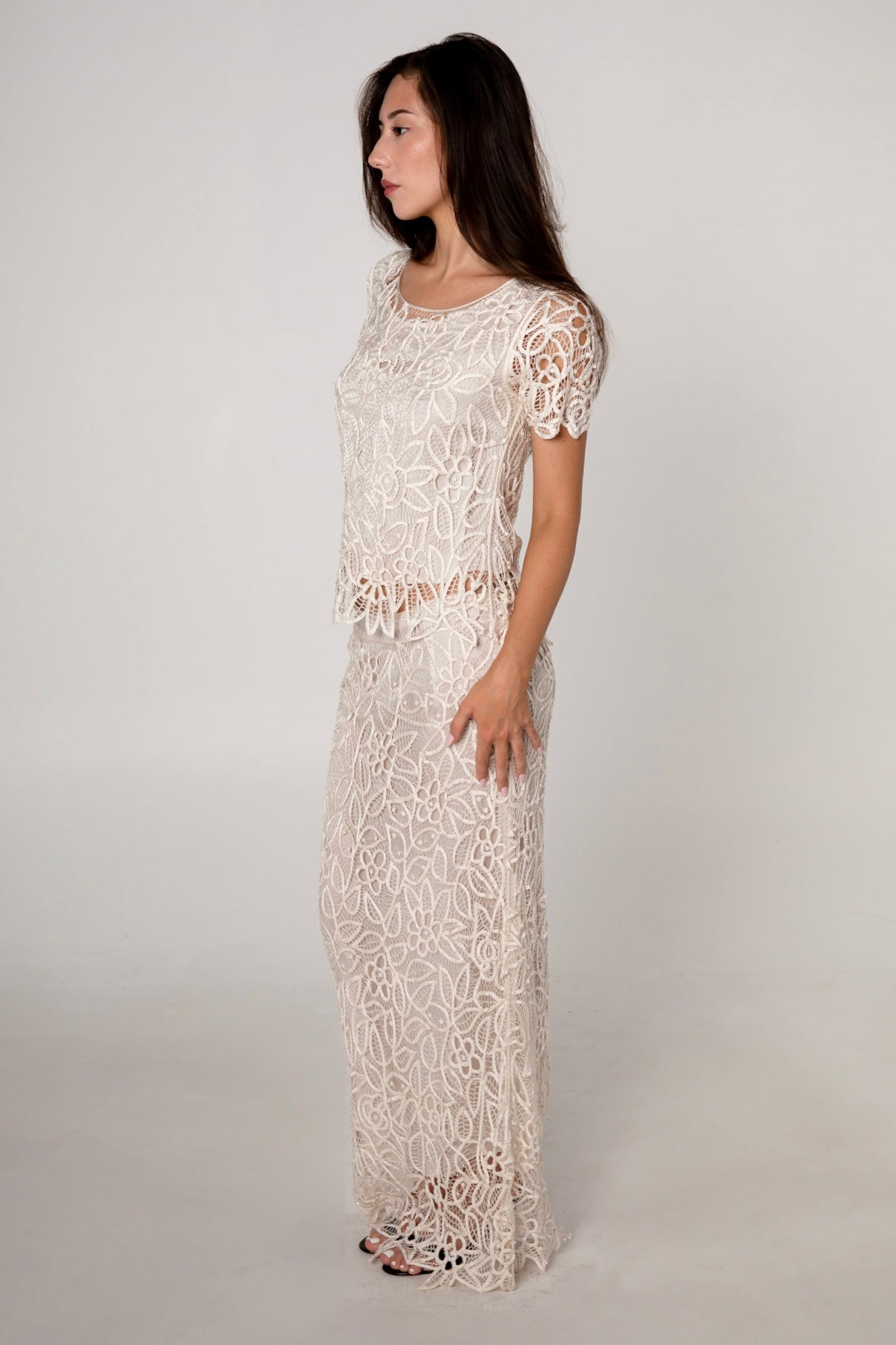 Ivory White Silk Crochet Top & Skirt Set