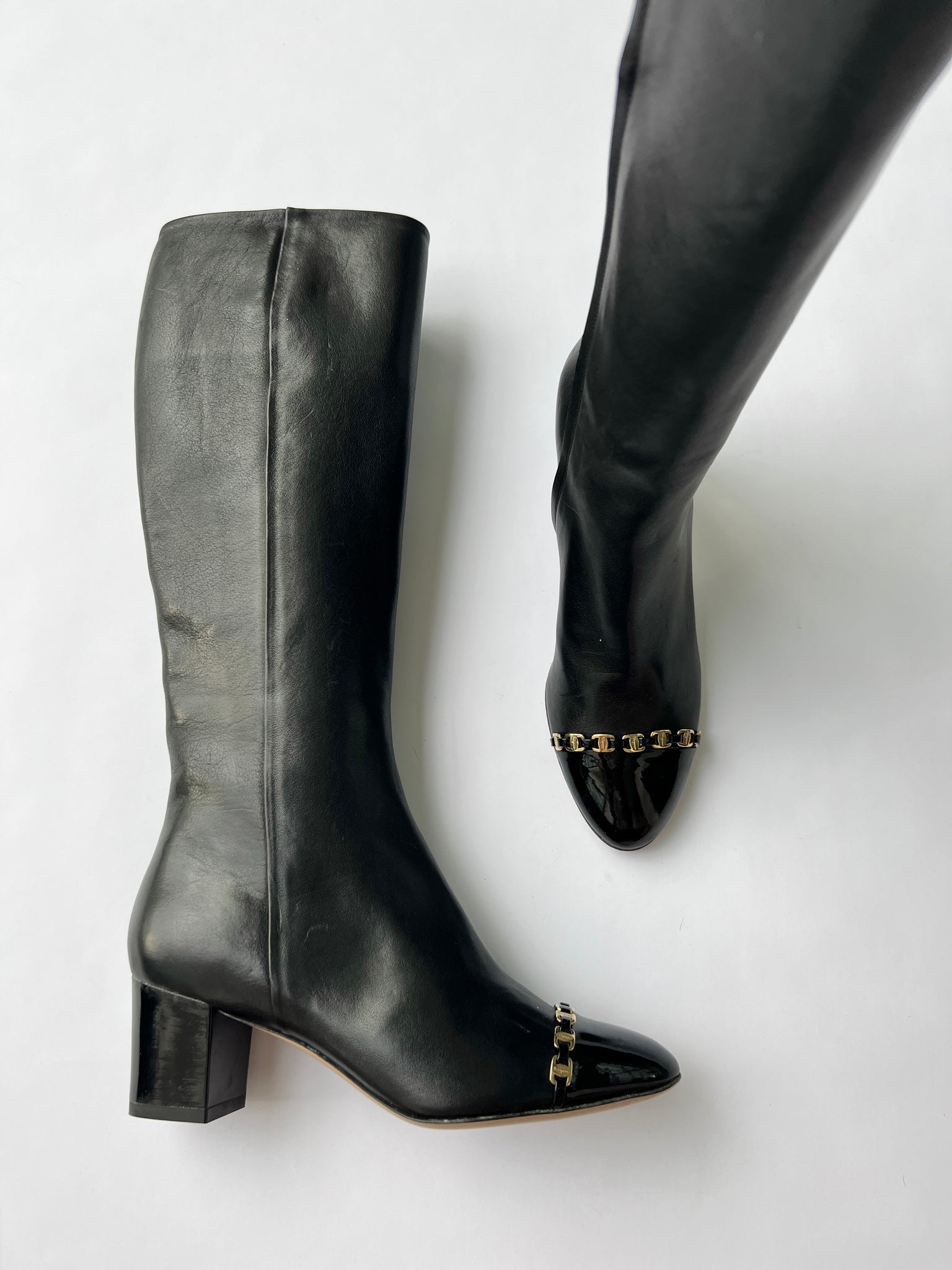 Ferragamo Black Leather Knee High Boots - 35.5