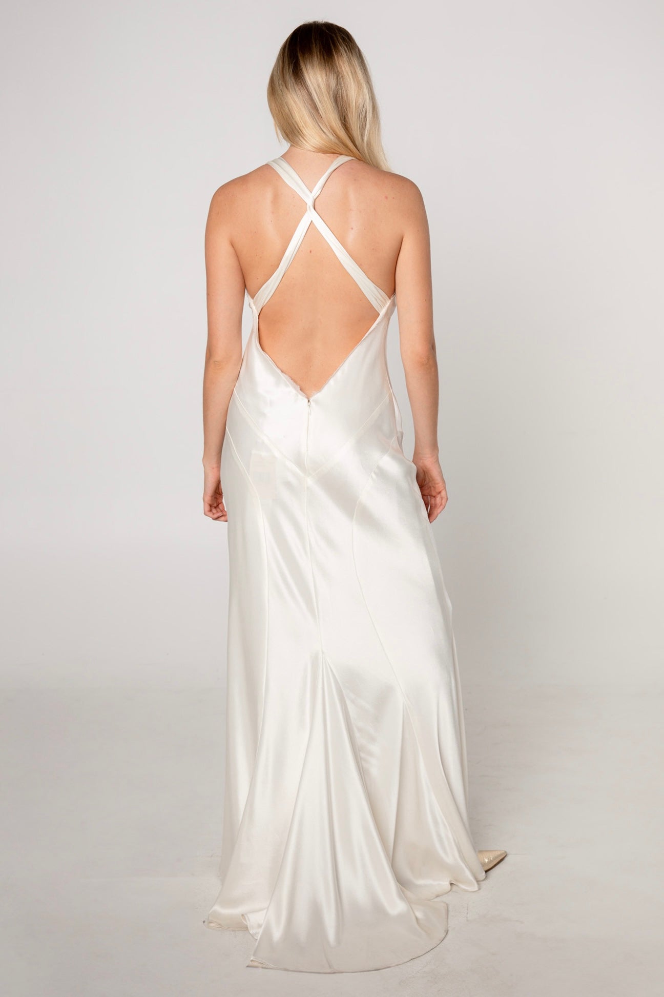 Off-White Hammered Satin Bias Cut Evening Gown