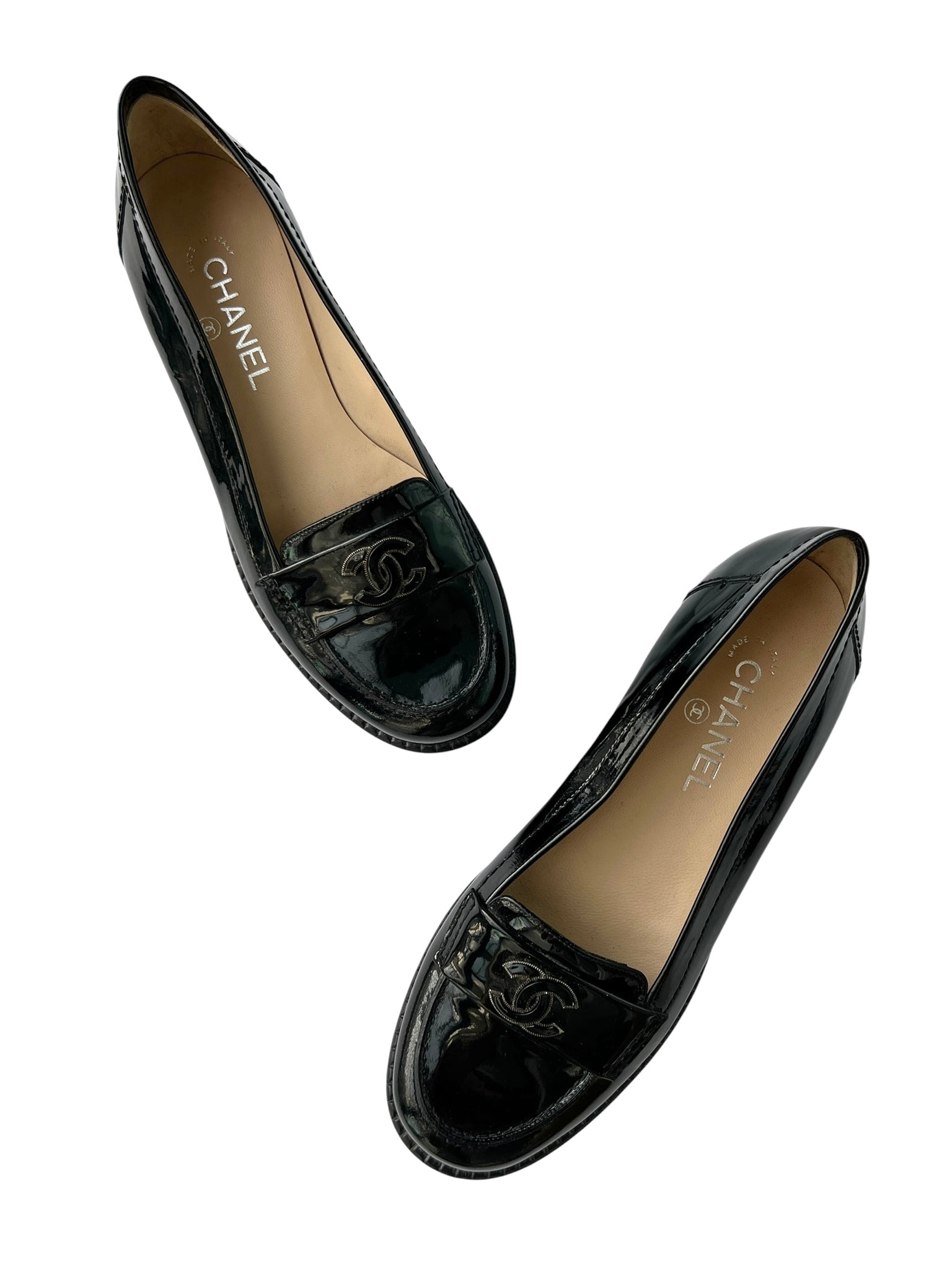 Chanel Interlocking CC Black Patent Leather Loafers - 40