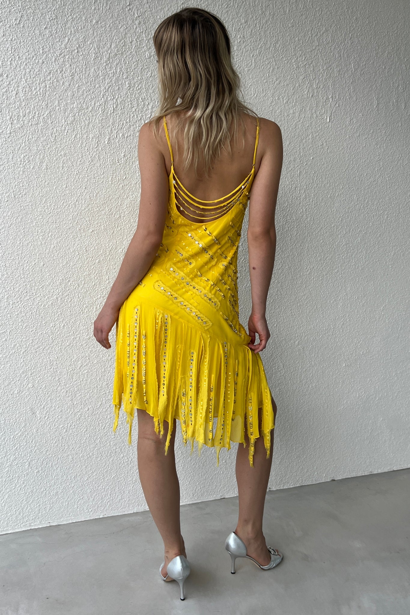 Sue Wong Yellow Beaded Silk Fringe Dress