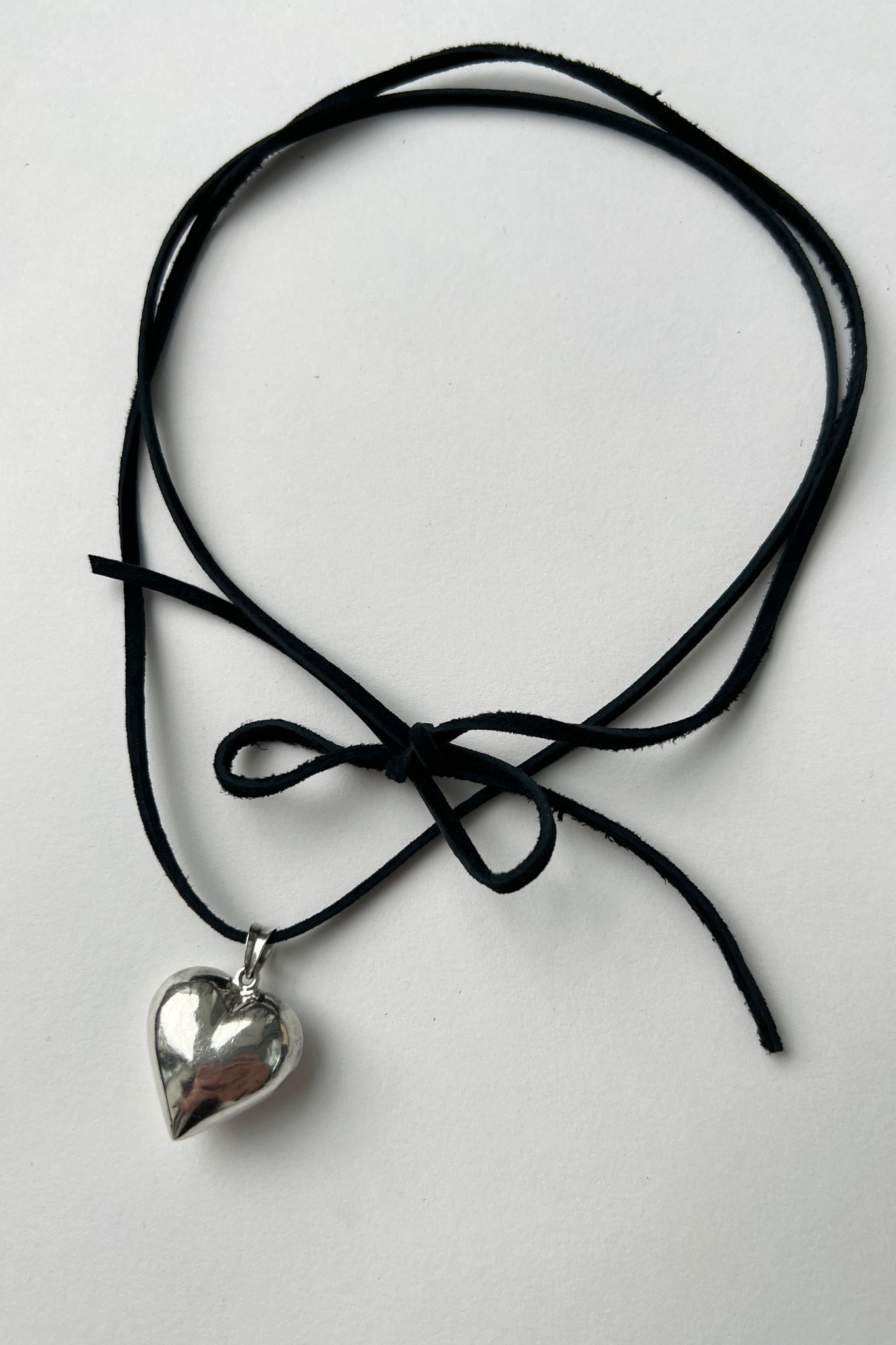 Silver Puffy Heart Pendant Leather Tie Choker