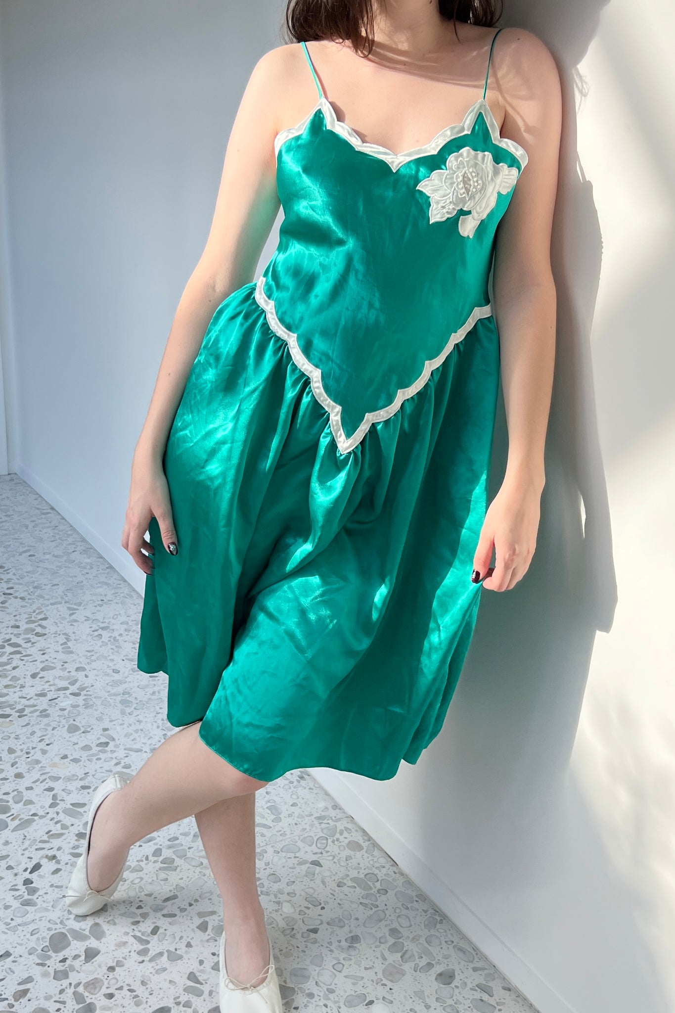1980s Victoria’s Secret Green Satin Scallop Nightgown