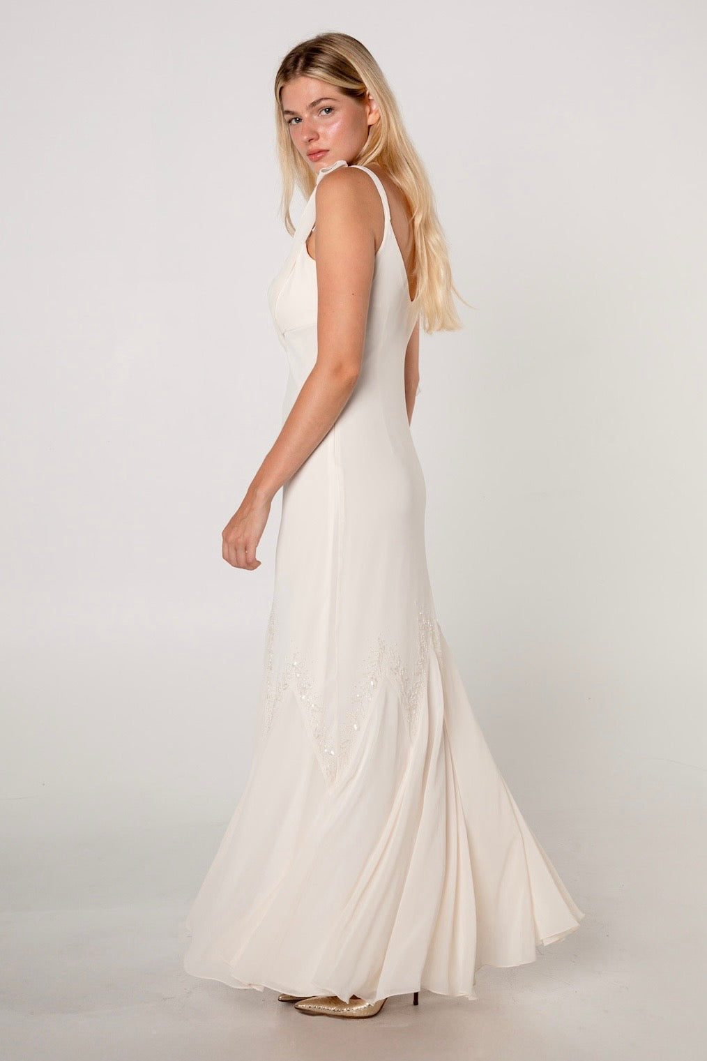 Ivory Chiffon Cowl Neck Beaded Gown