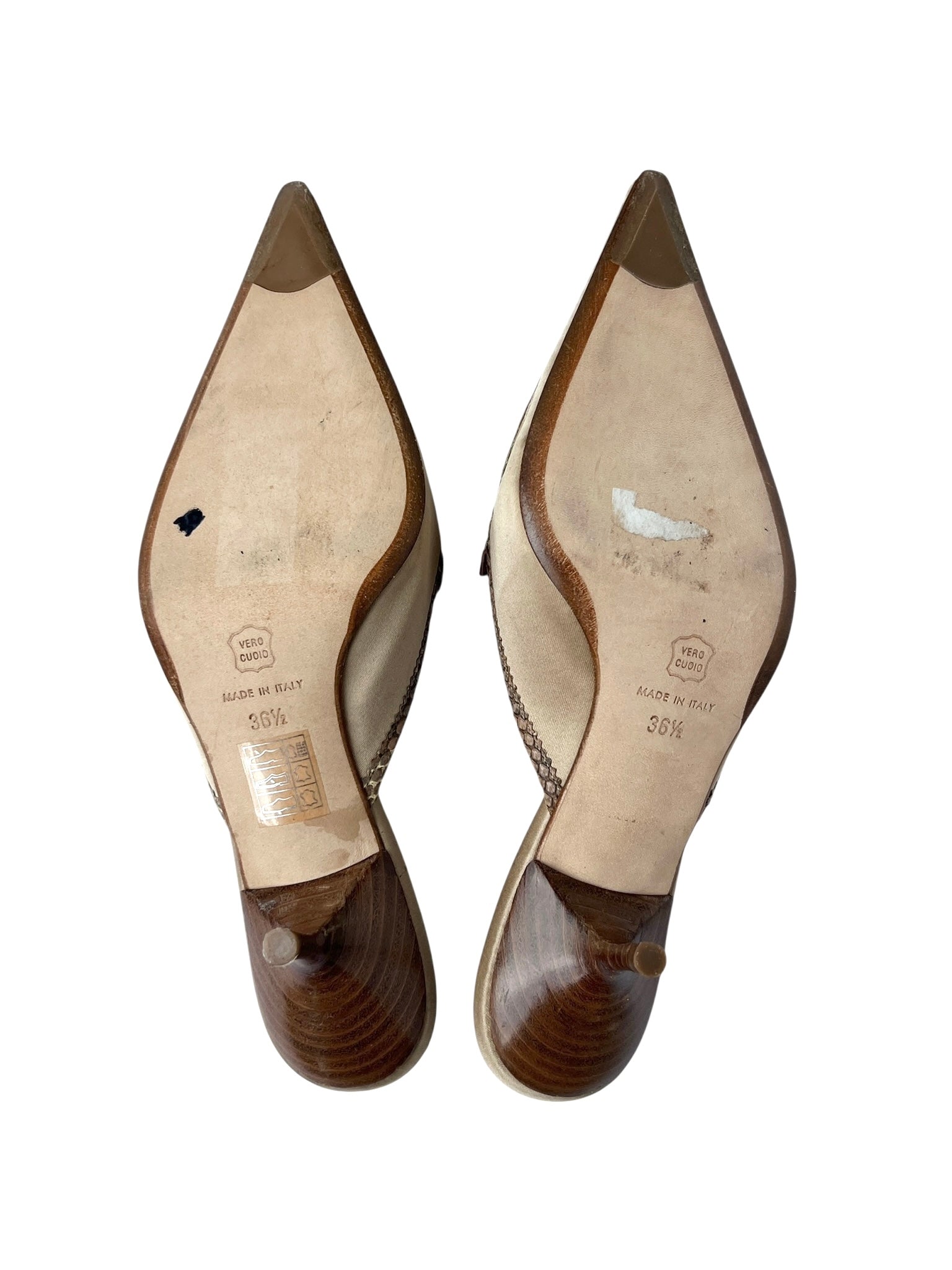 Beige Snakeskin Pointed Toe Kitten Heel Mules - 36.5