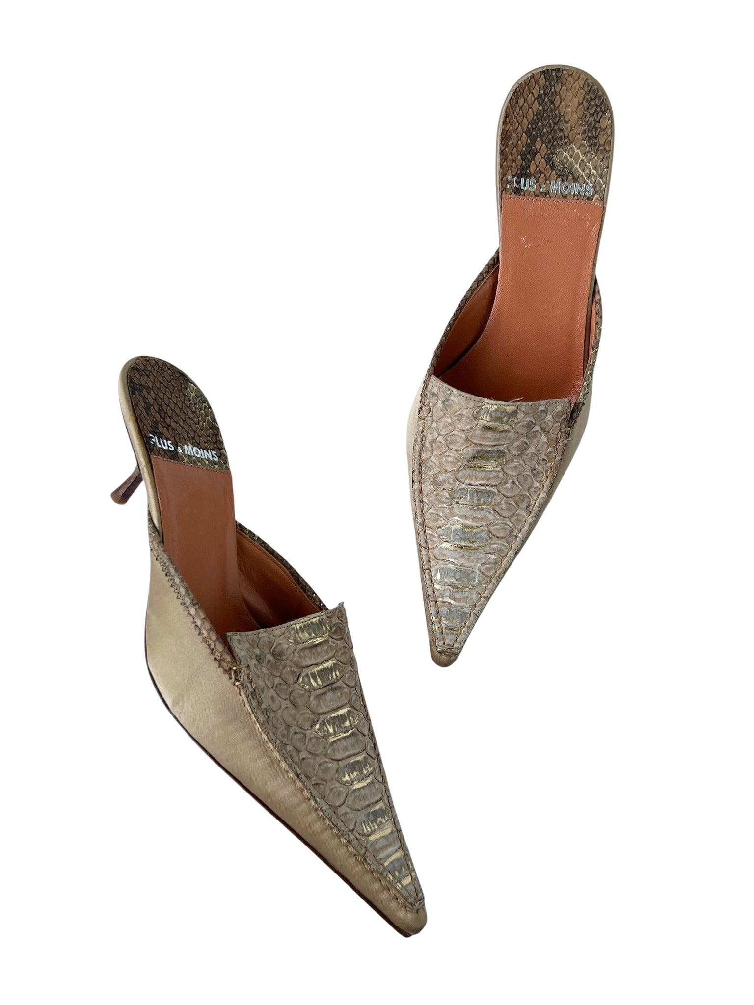 Beige Snakeskin Pointed Toe Kitten Heel Mules - 36.5