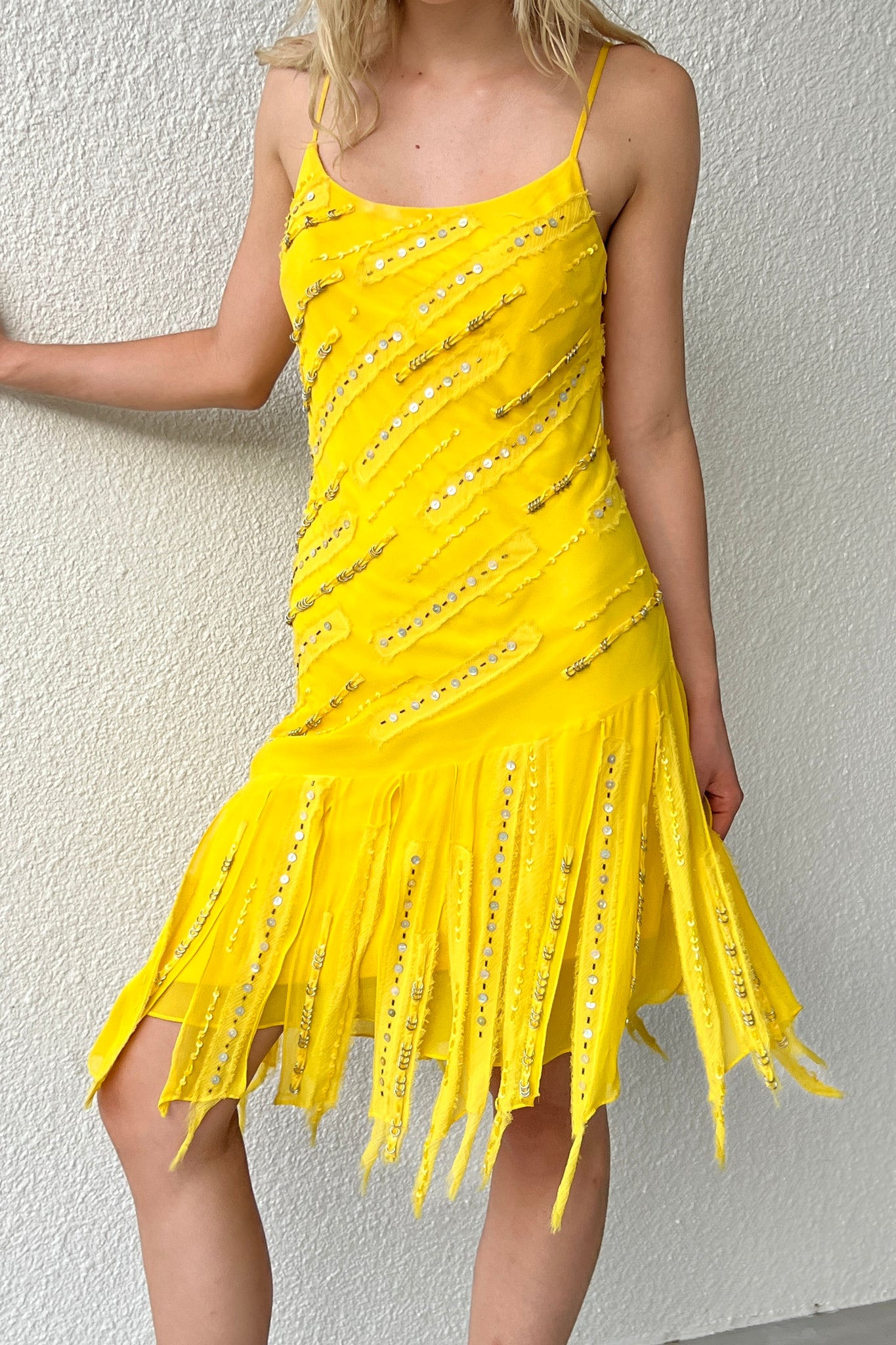 Sue Wong Yellow Beaded Silk Fringe Dress