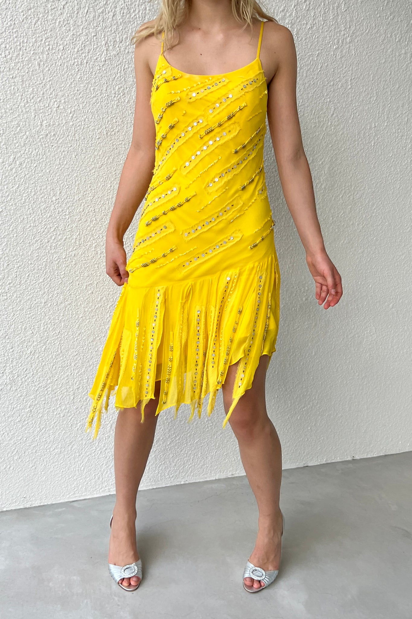 Sue Wong Yellow Beaded Silk Fringe Dress